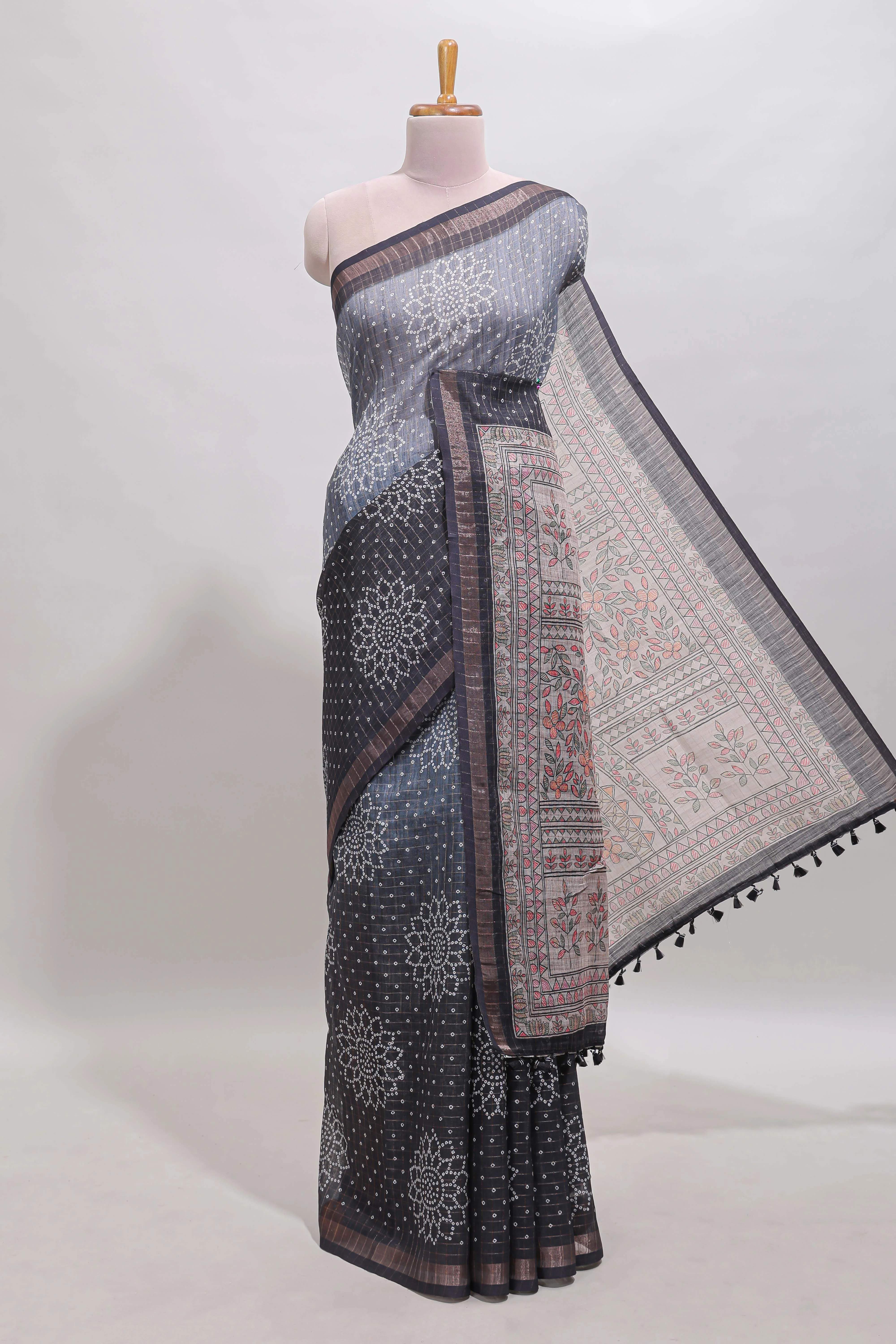 Dual shade bhandhini style floral design chanderi cotton saree with self zari border and contrast printed blouse
