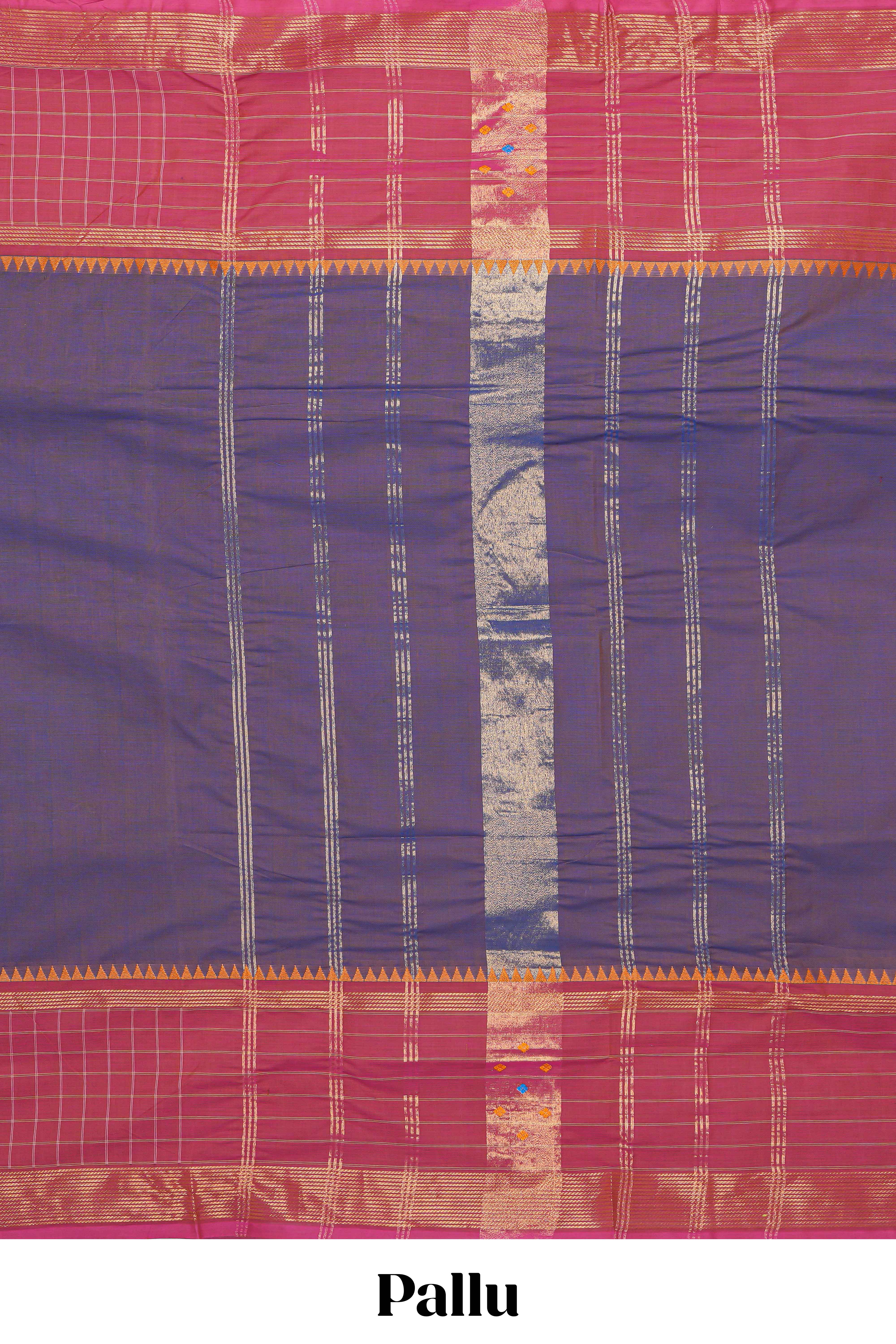 Dual shade blue with violet plain chettinad cotton saree with contrast zari border and matching striped pallu - Image 2