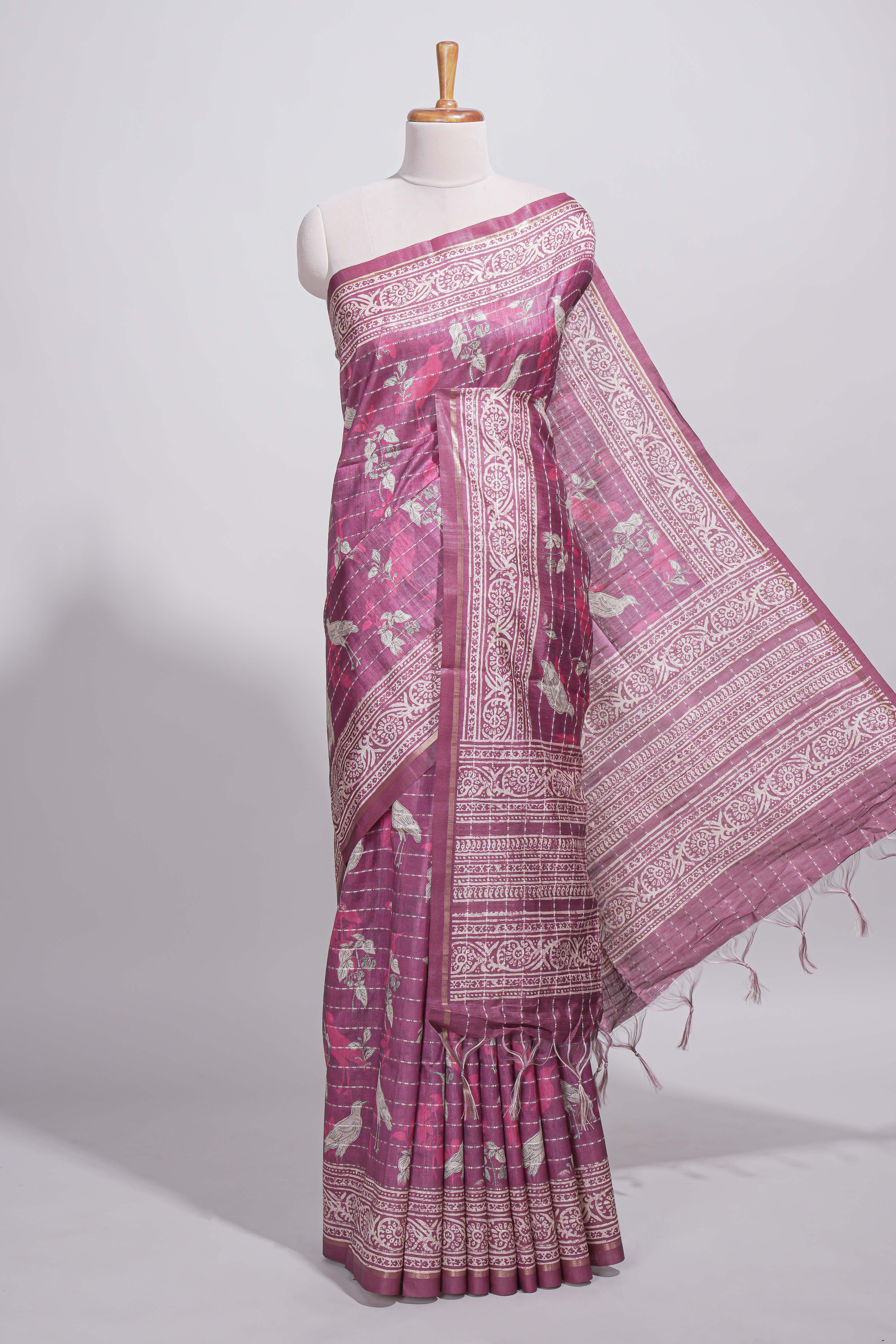 Dusty rose pink tussar saree with silver floral and bird motifs by fine metallic stripes and printed border and pallu with tassels with matching blouse piece - Image 2