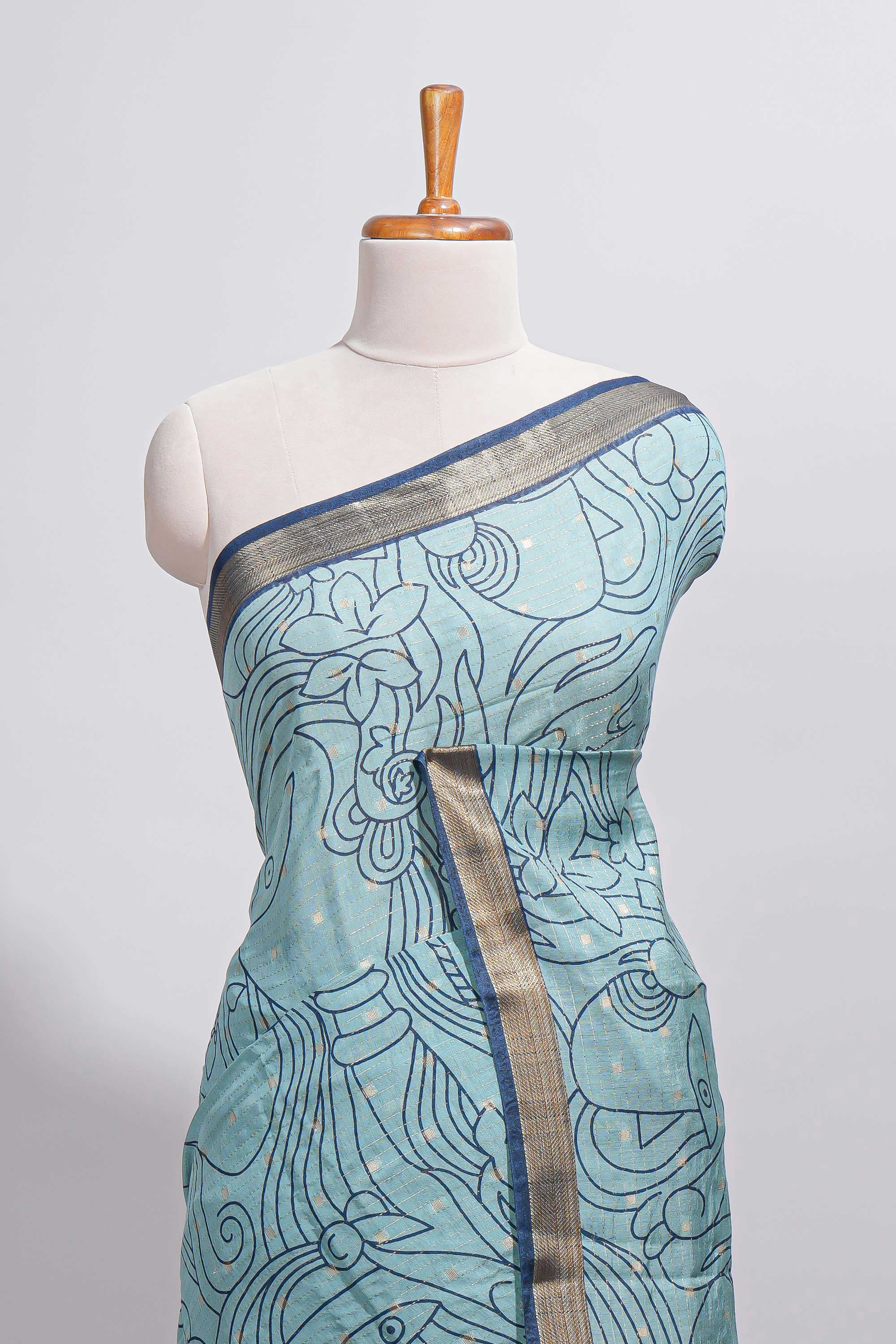 Elegant aqua blue Assam Silk saree abstract floral line motifs subtle woven details contrast pallu and rich zari border and contrast blouse - Image 3