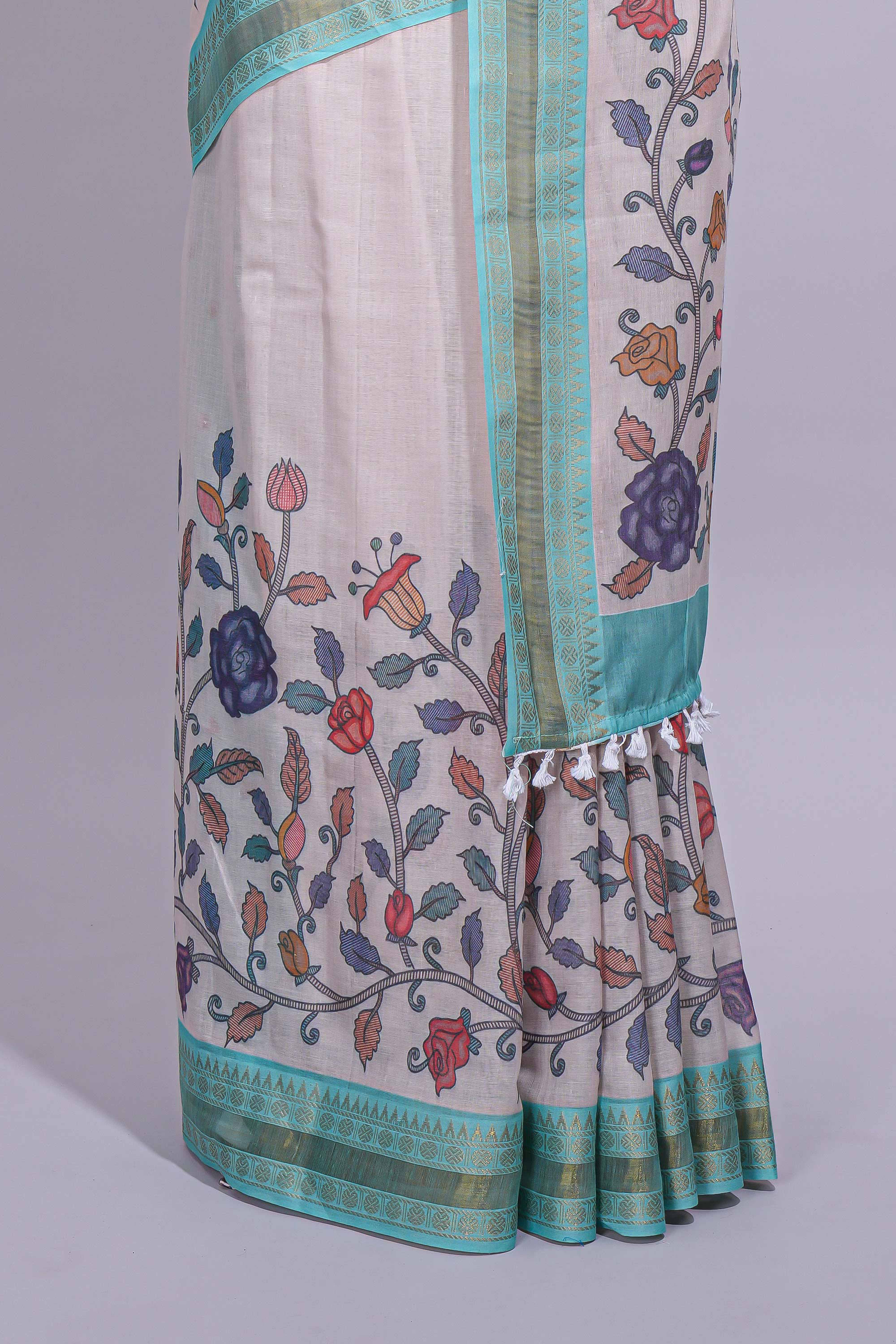 Elegant linen cotton saree with multicolour floral vine print with a contrast border and printed pallu along with printed blouse - Image 4