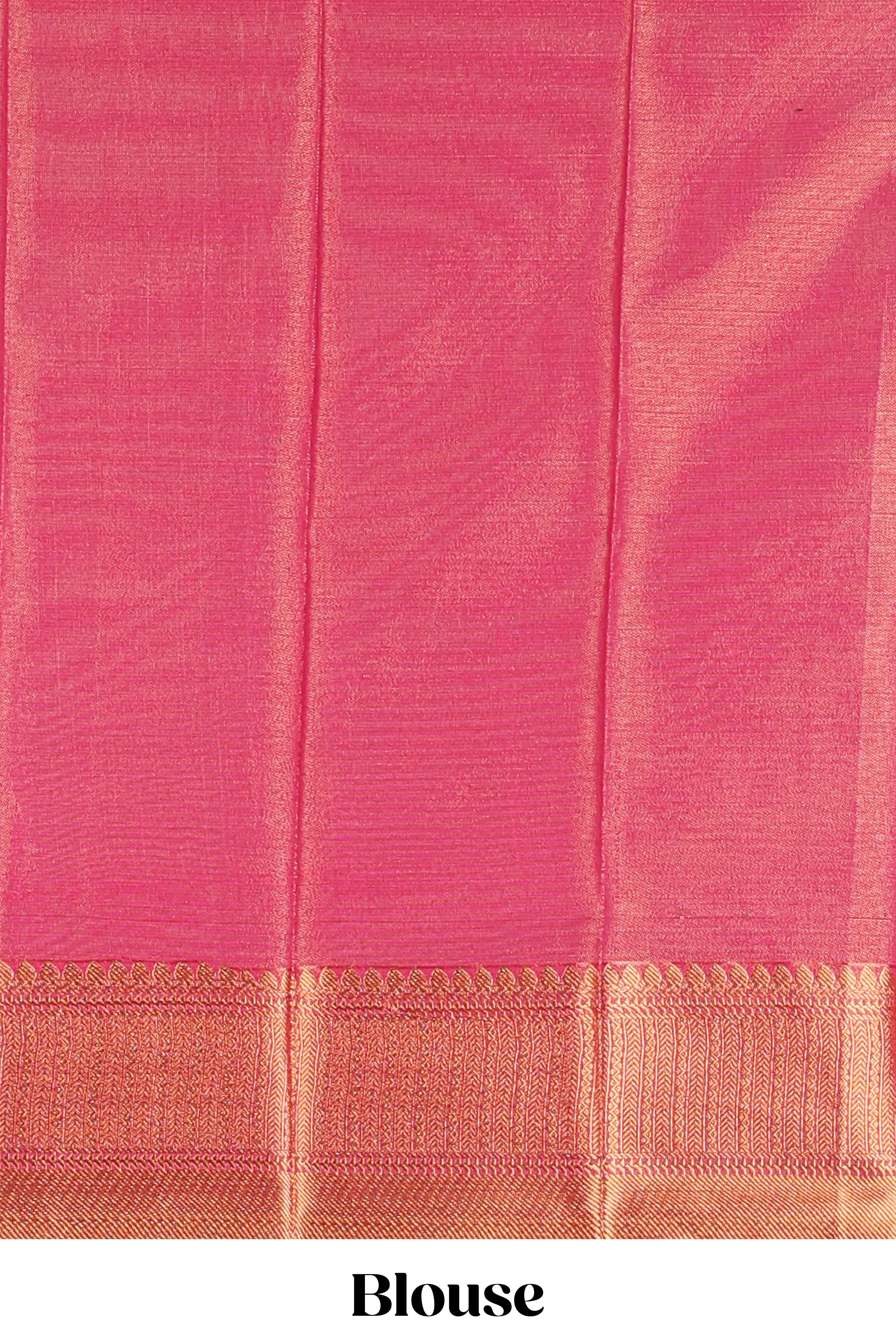 Elegant Turquoise Blue Tissue Silk Saree with Antique Gold Woven Motifs and Rich Zari Border along with Contrast Blouse - Image 5