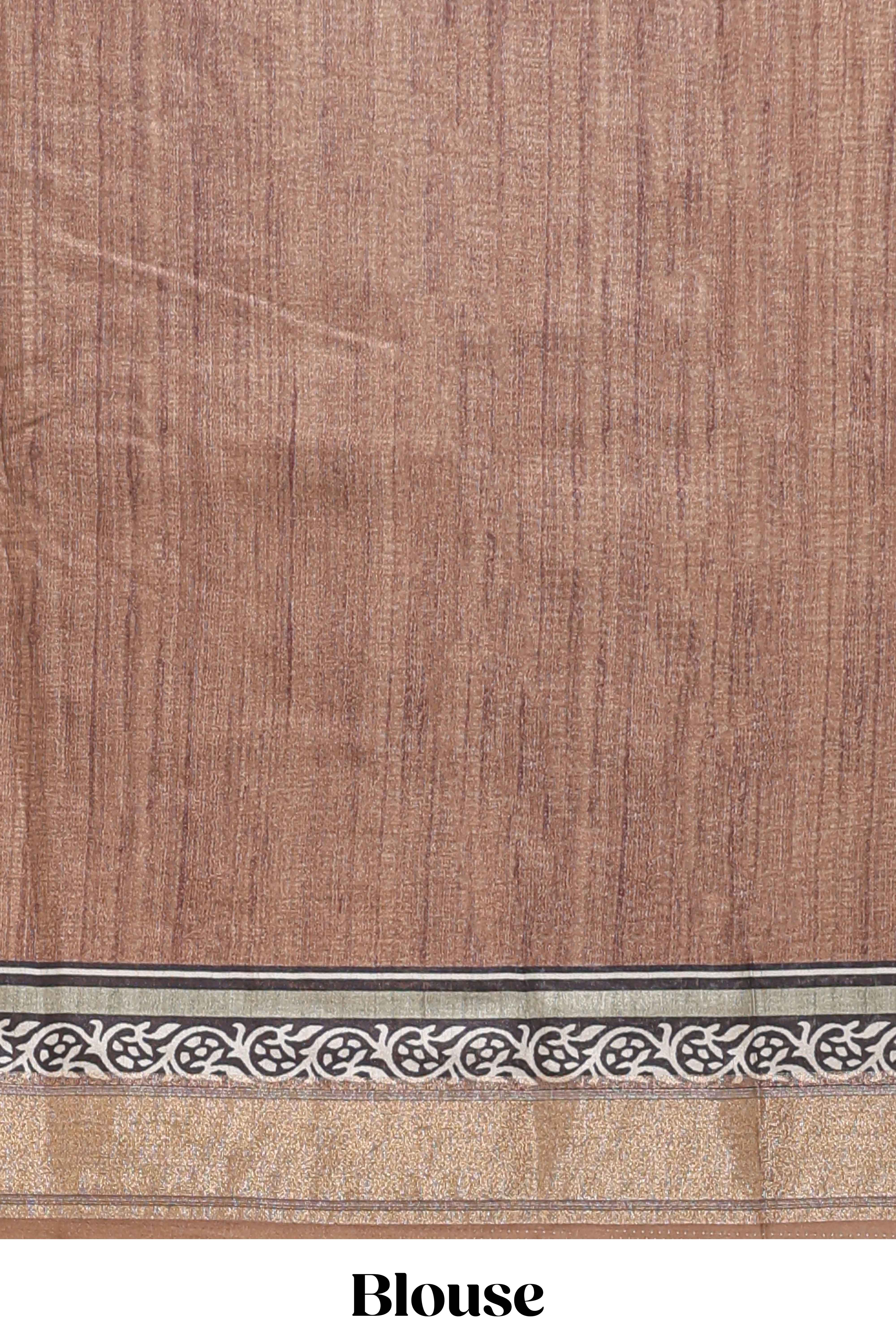 Elegant Tussar Saree with an earthy brown body ethnic prints intricate borders and tassel finished pallu along with contrast blouse - Image 5