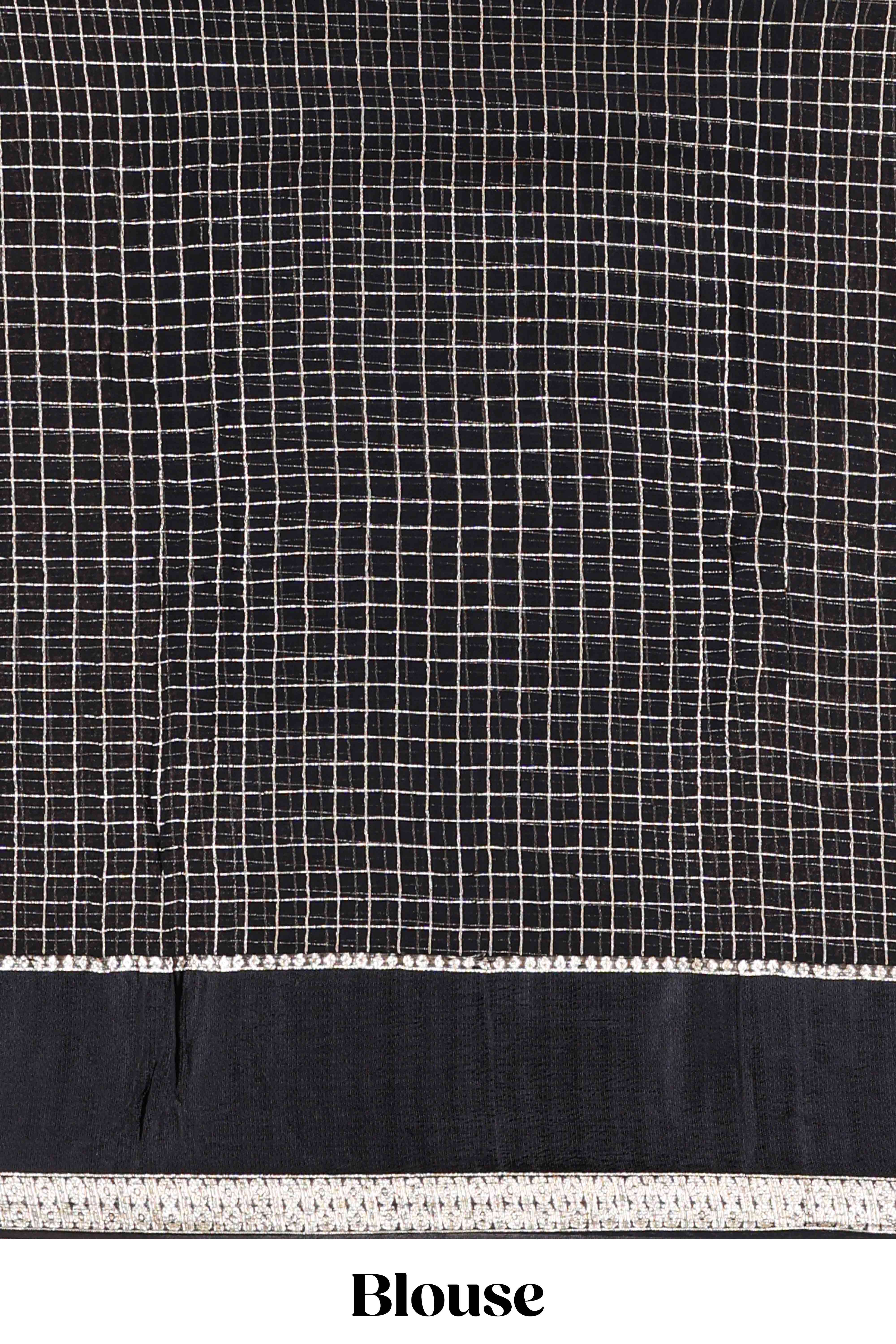 Black Georgette Saree All Over Zari Check With Satin Border - Image 5