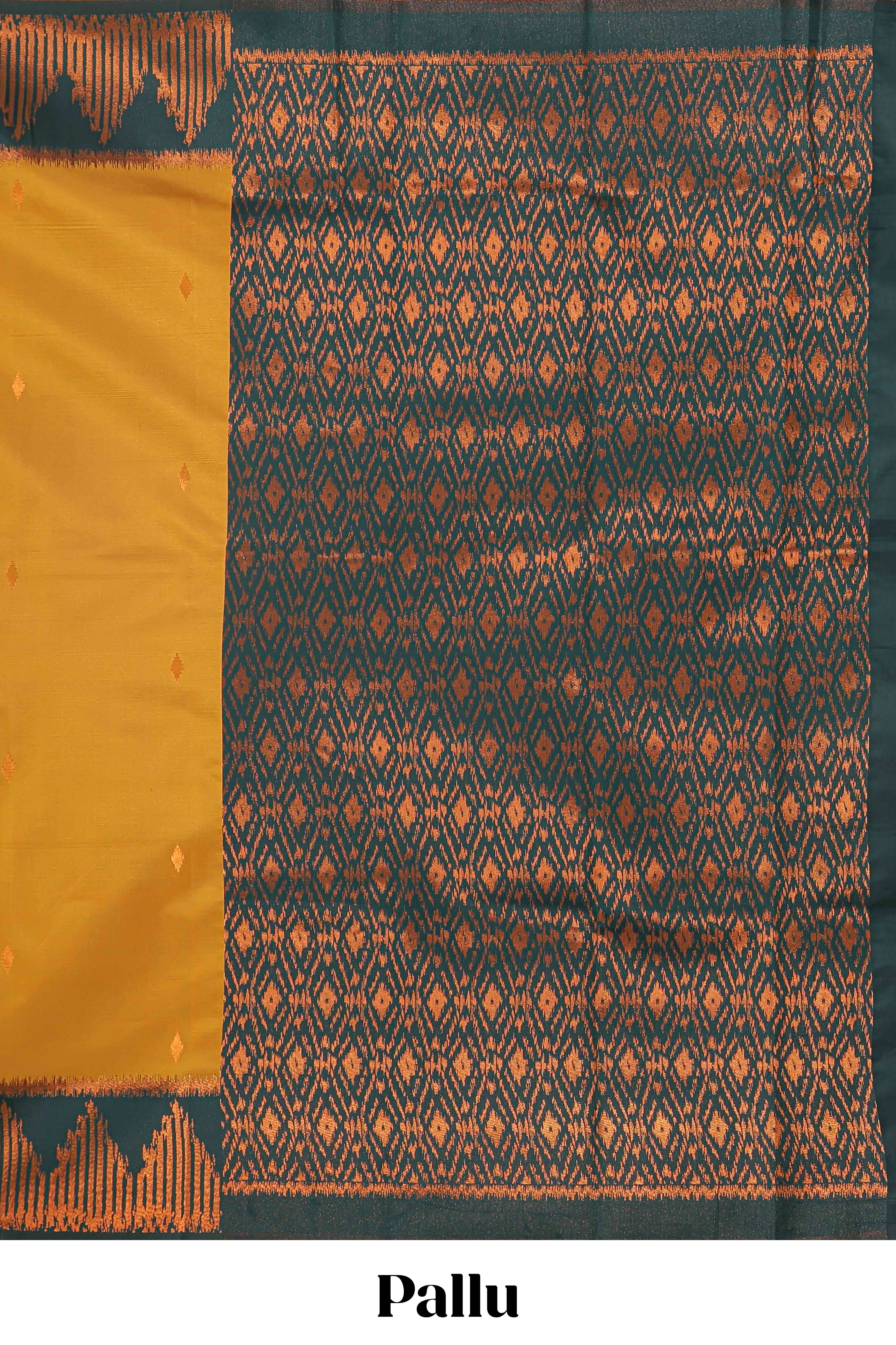 Golden yellow zari butta litchi silk saree with contrast zari border and blouse - Image 4