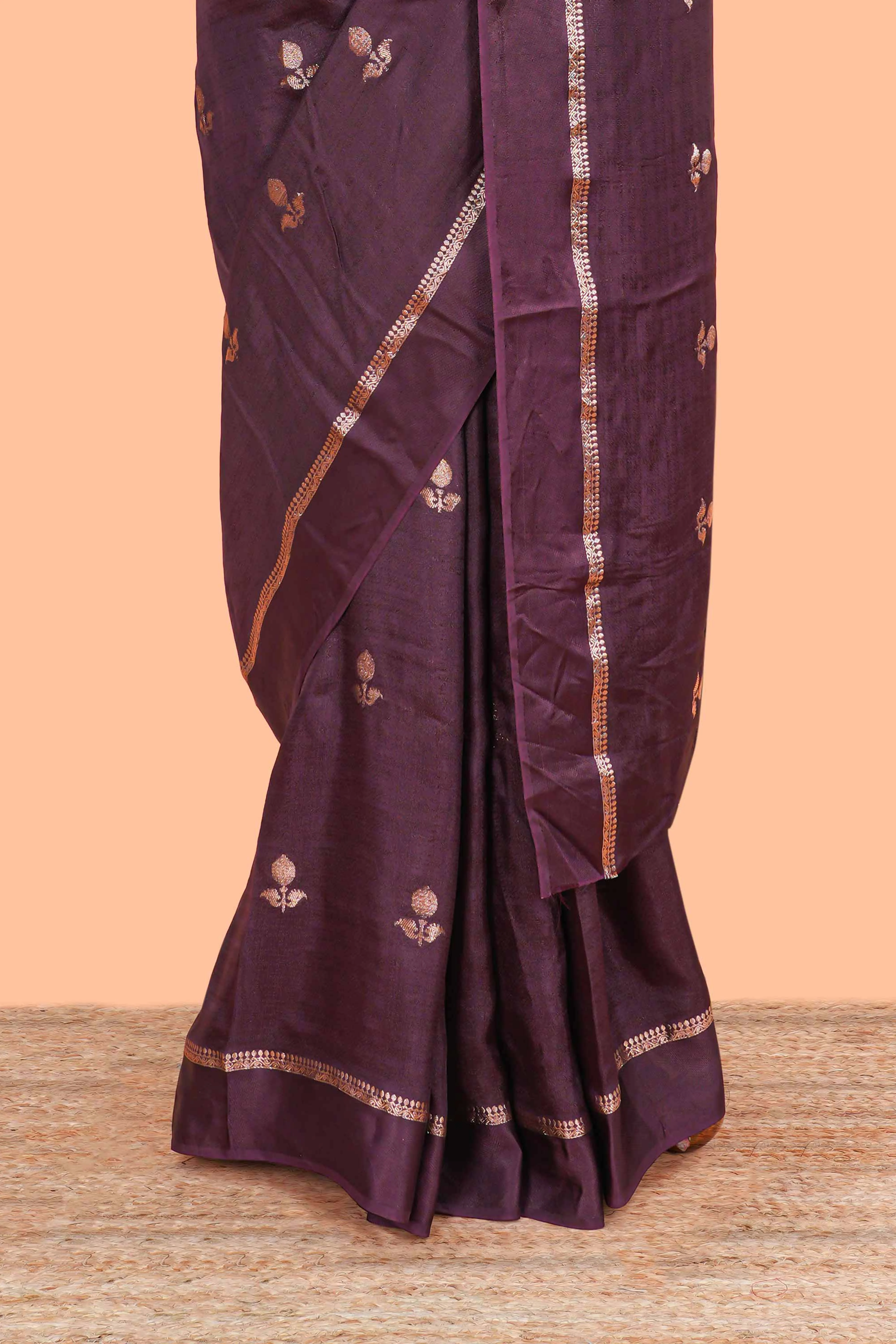 Grape wine south cotton saree with all over zari butta and self border - Image 4