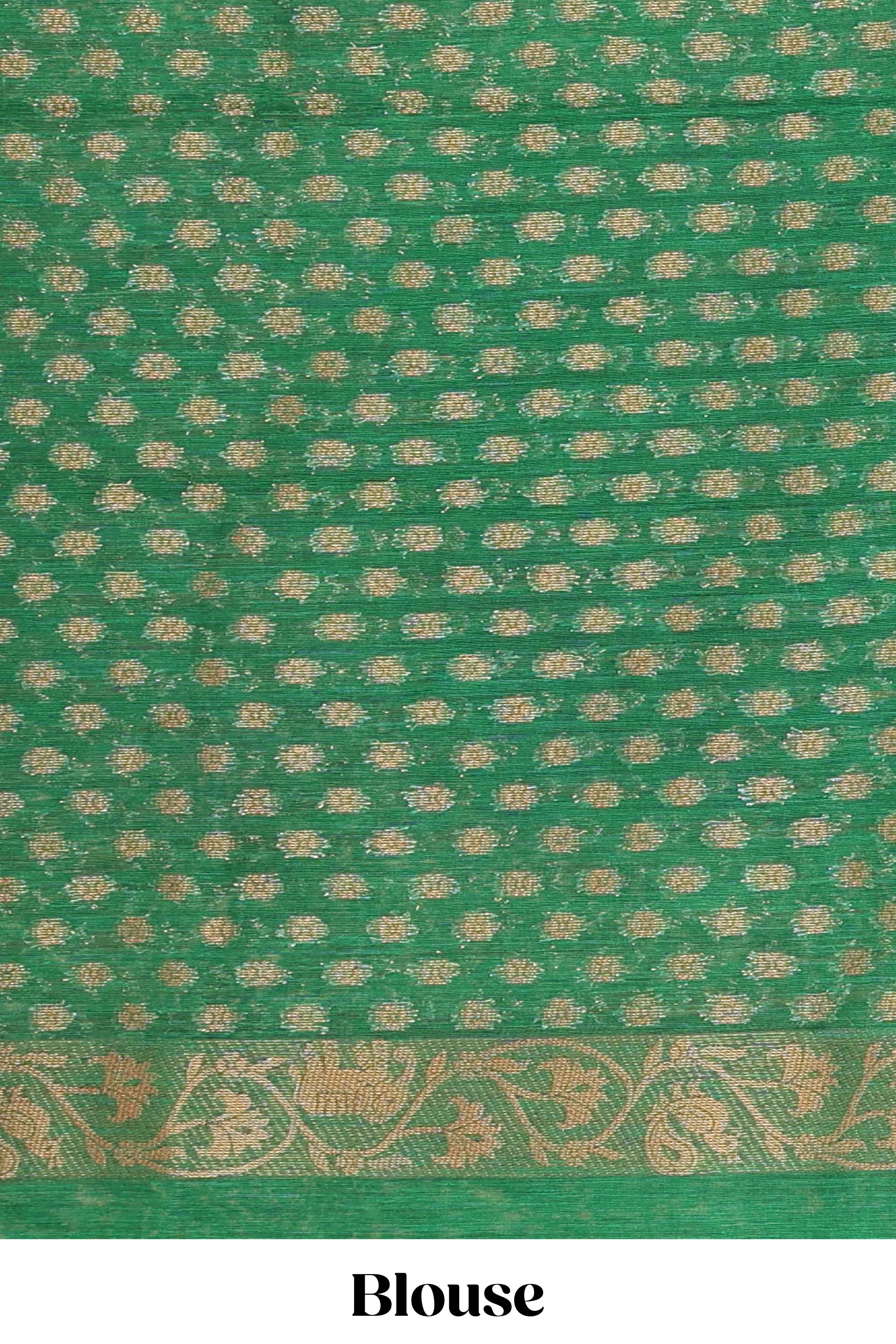 Green and black tie and dye jute cotton saree with self zari border and blouse - Image 5