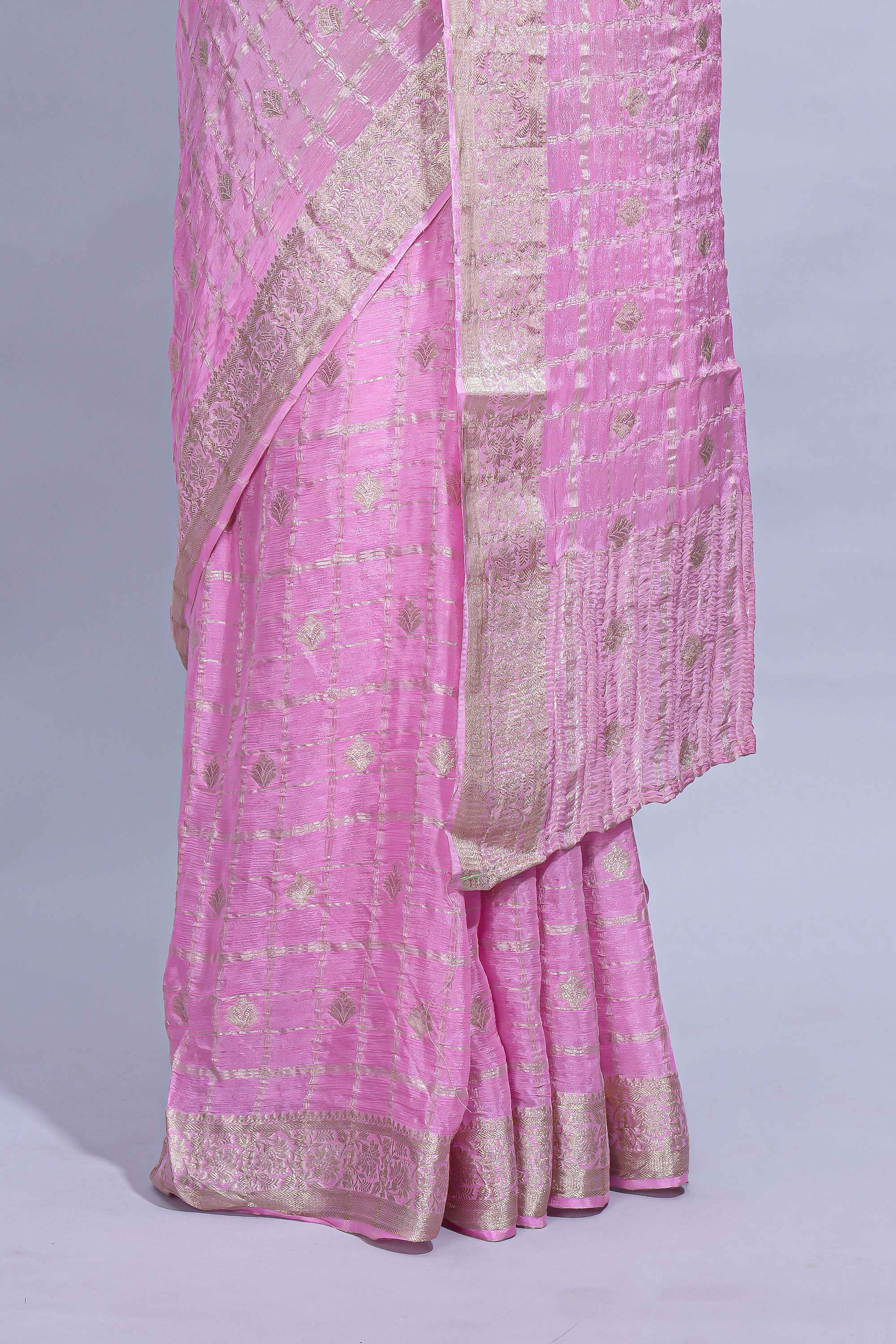 Green and pink double shaded zari checks georgette saree with small zari border and self pallu along with matching zari buttas blouse piece - Image 4