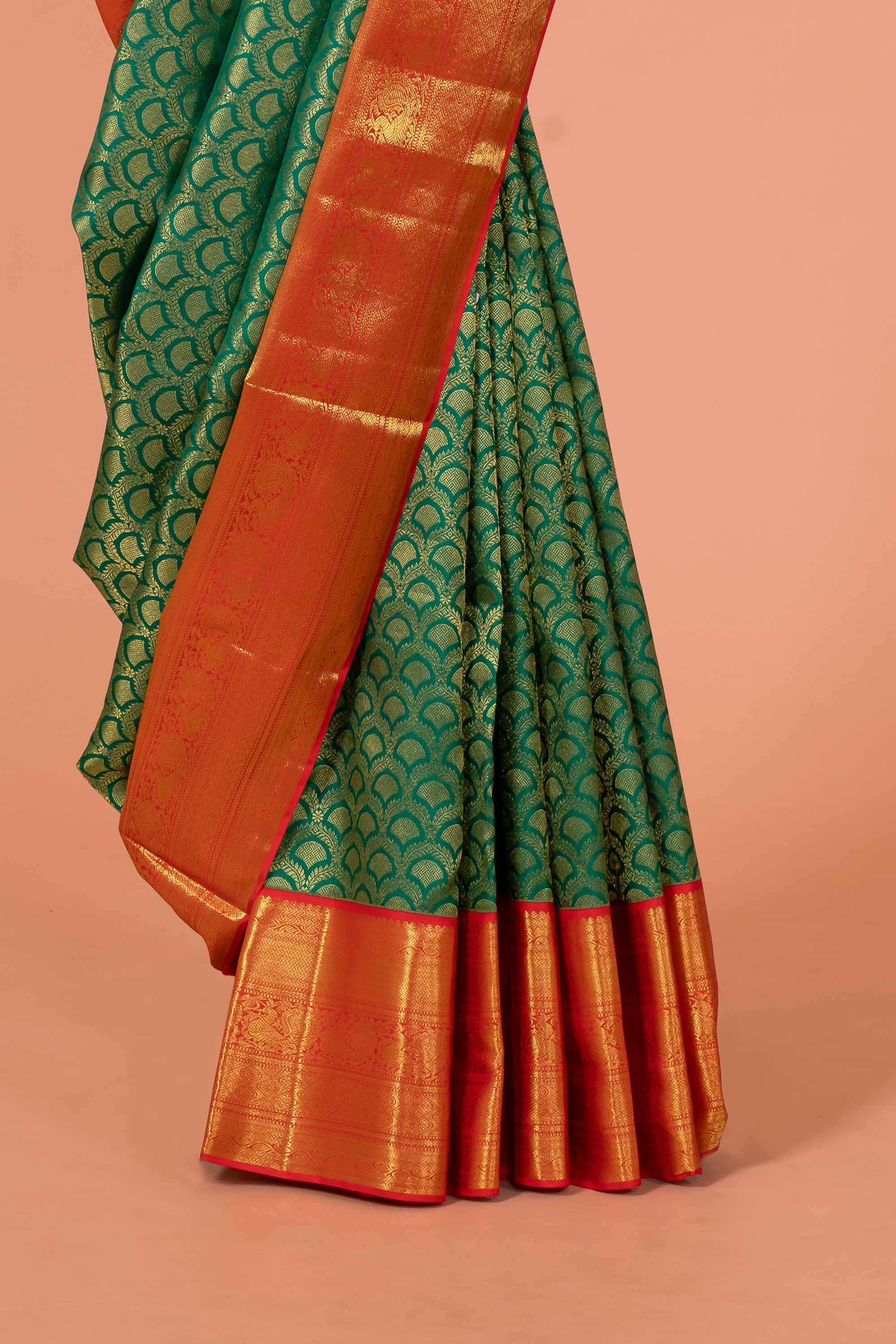 Green Swayamvara Pattu Jacquard Work With Zari Woven Border Saree - Image 3