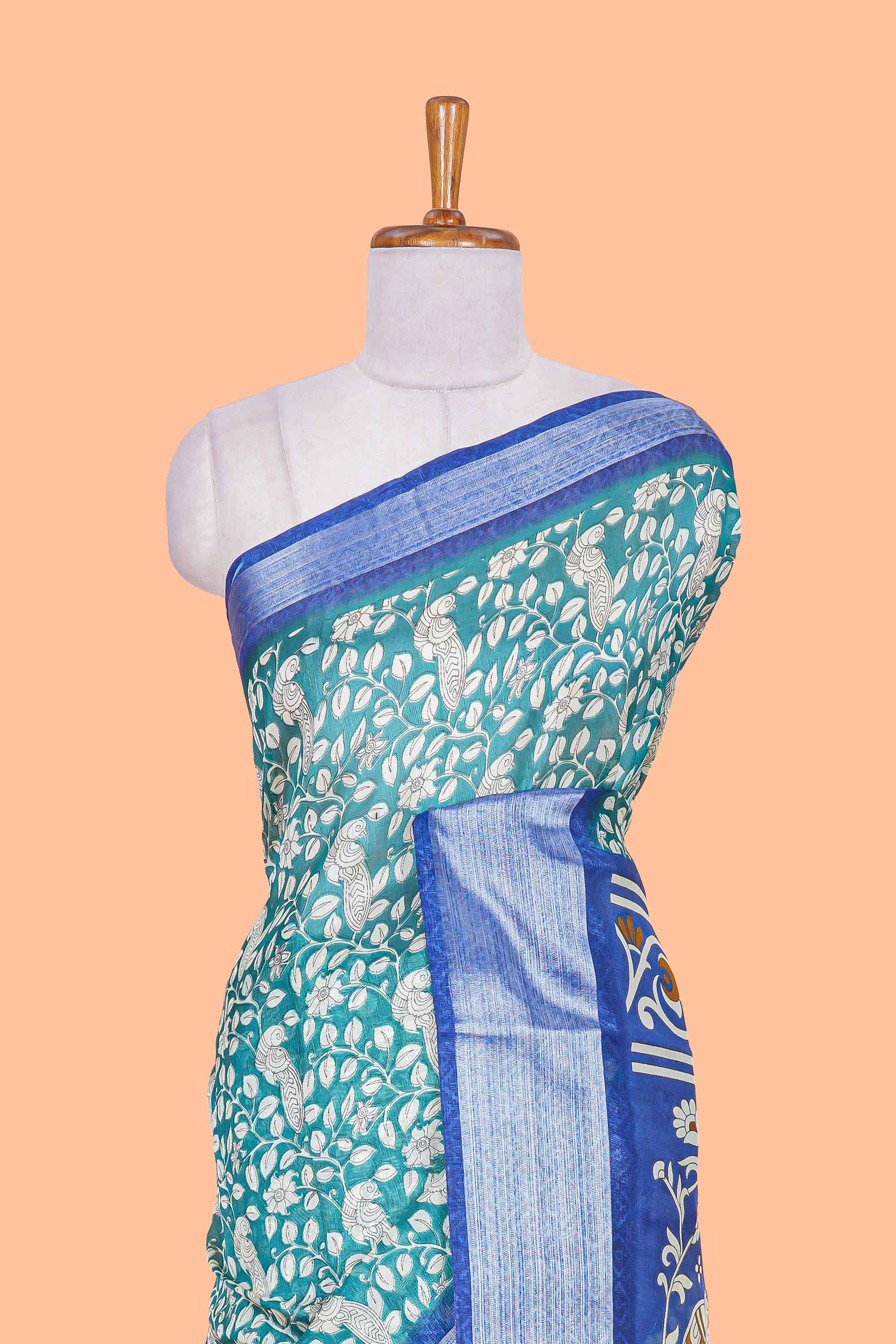Green birds and floral vine south cotton saree with contrast zari border - Image 3