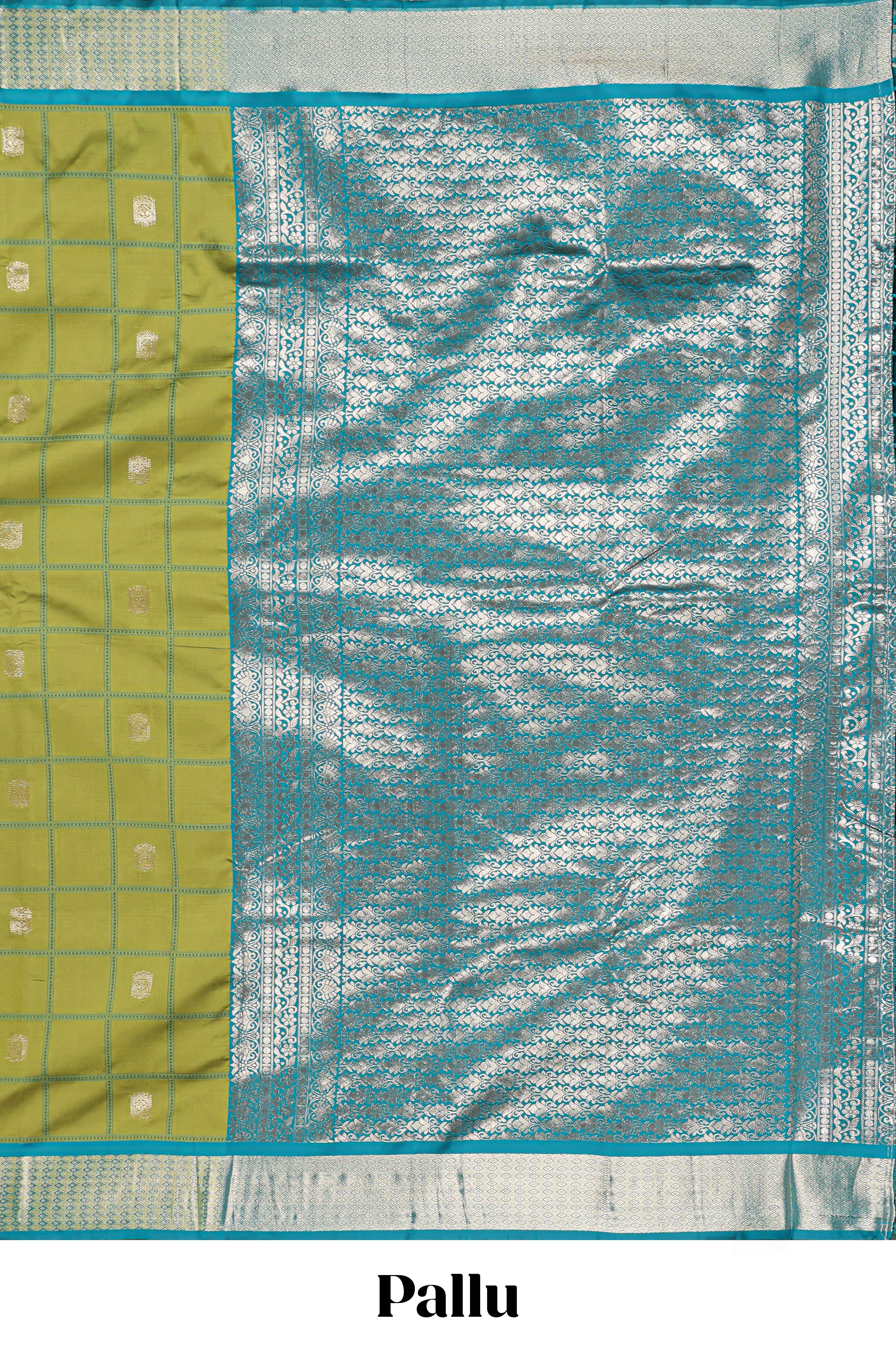Green Checked Art Silk Saree with Rich Gold Zari Border and Grand Zari Woven Pallu with Contrast Blouse - Image 4