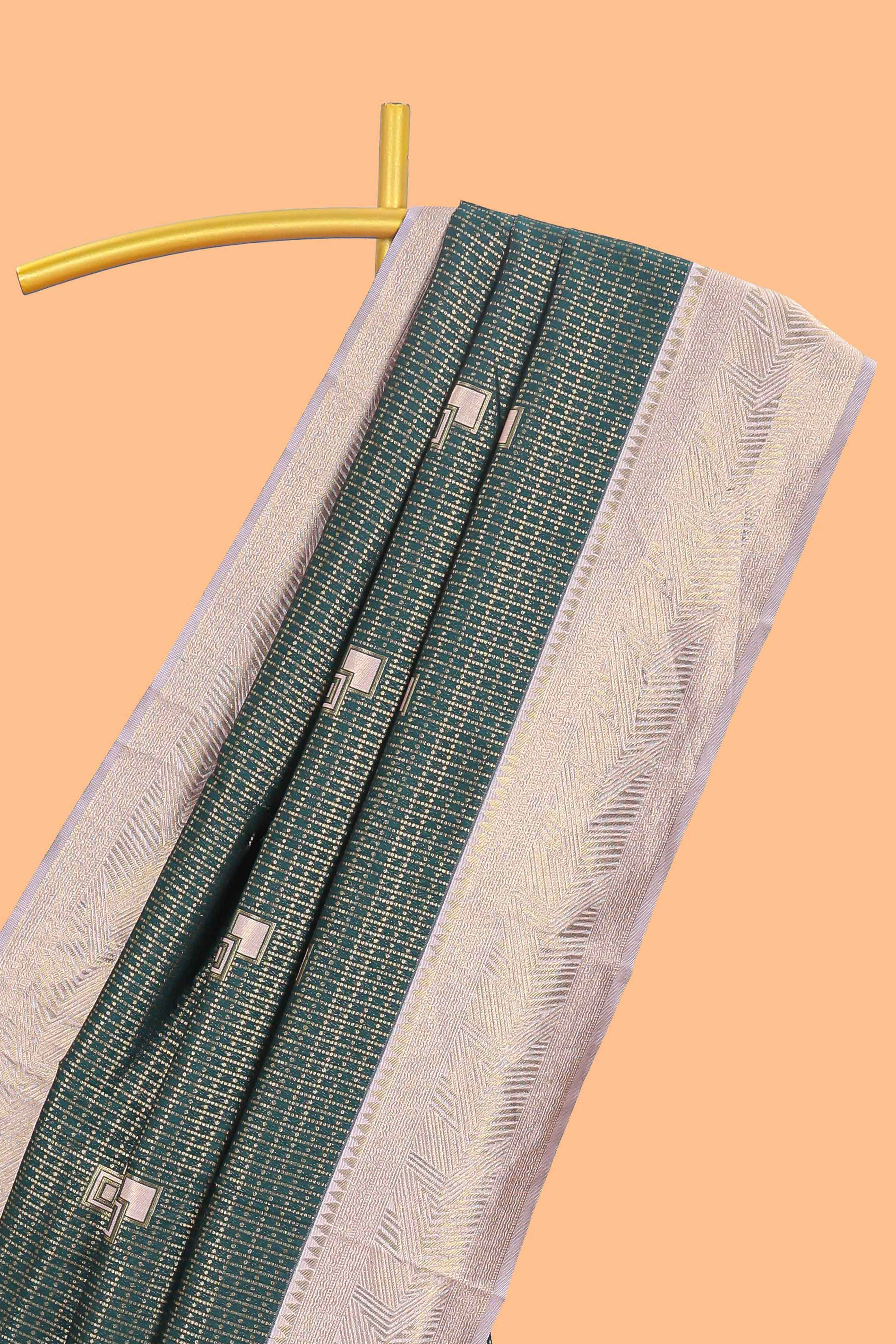 Green checked geometric design litchi silk saree with contrast zari border and blouse - Image 2