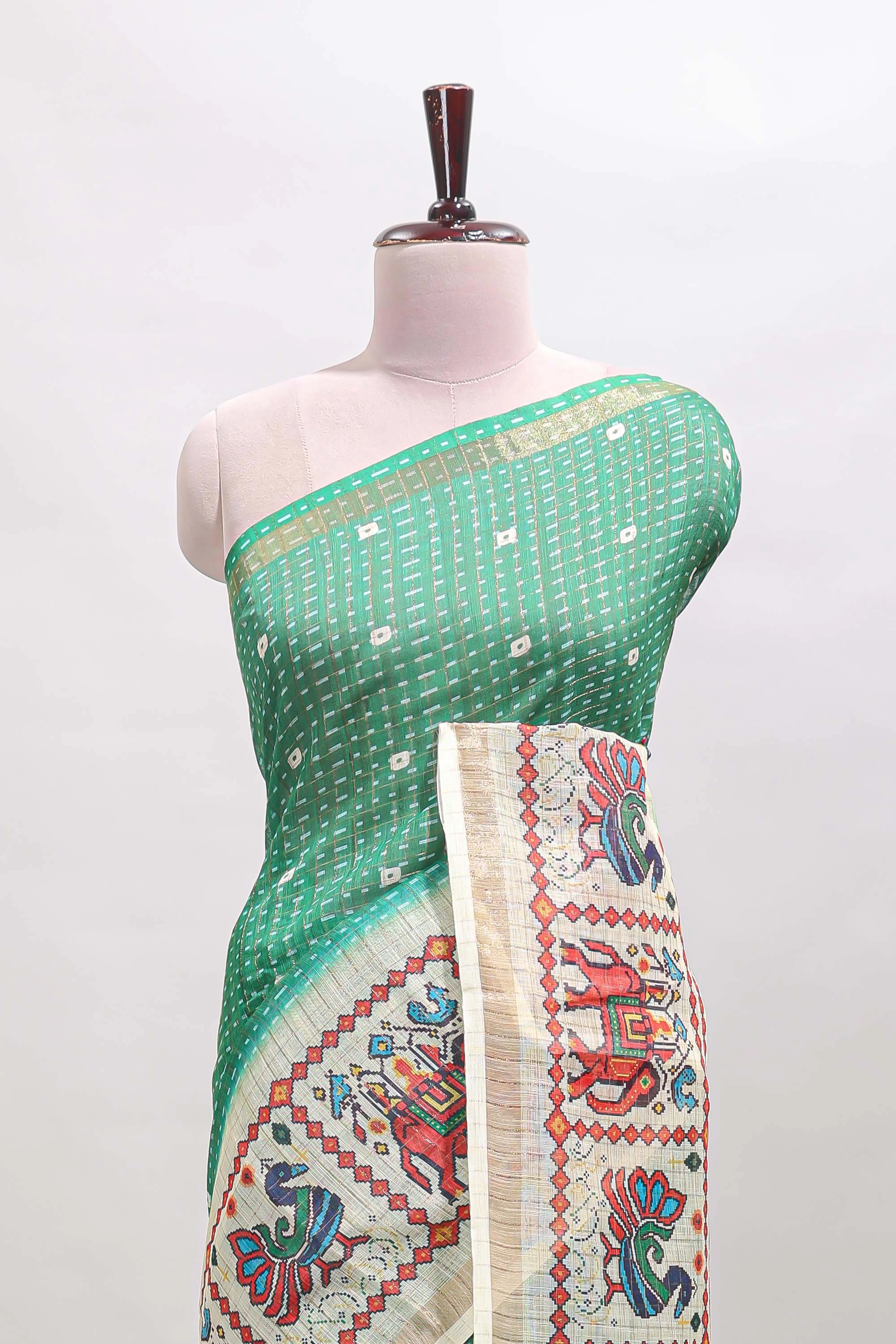 Green checked geometric motifs linen cotton saree with contrast ikkat style border and blouse - Image 3