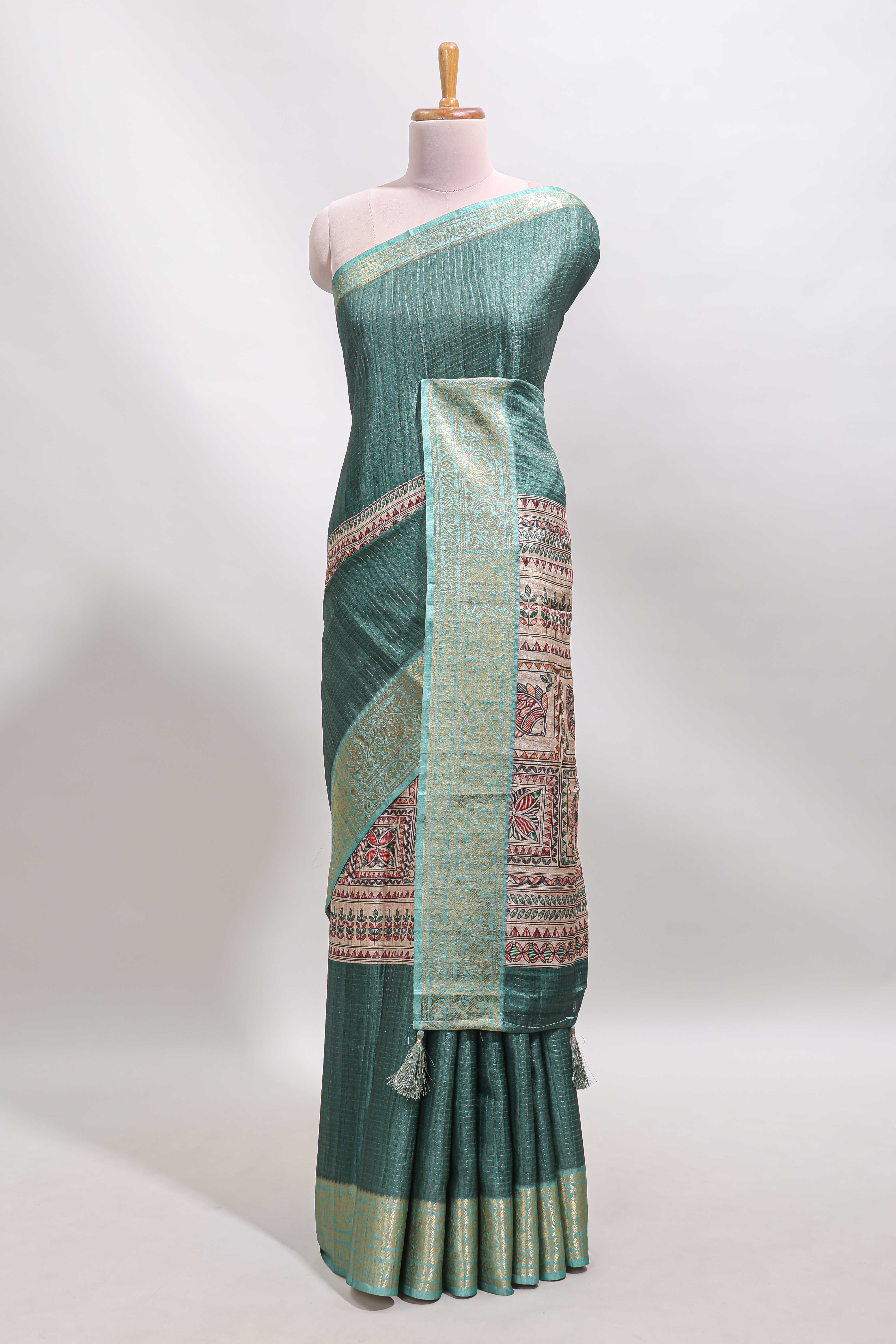 Green checked madhubani style tussar saree with contrast zari border and matching blouse - Image 2