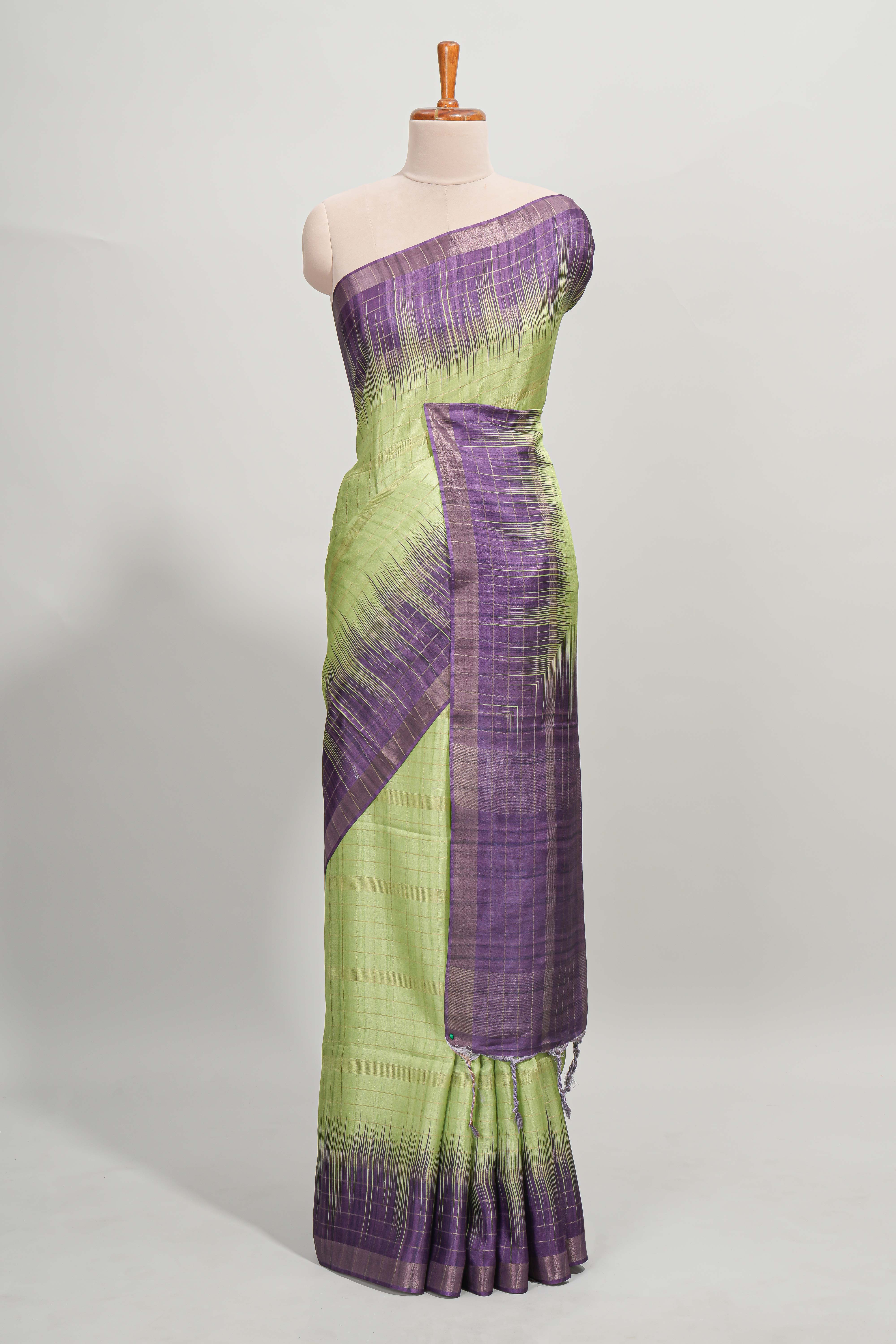 Green checked semi tussar saree with contrast border and striped blouse - Image 2
