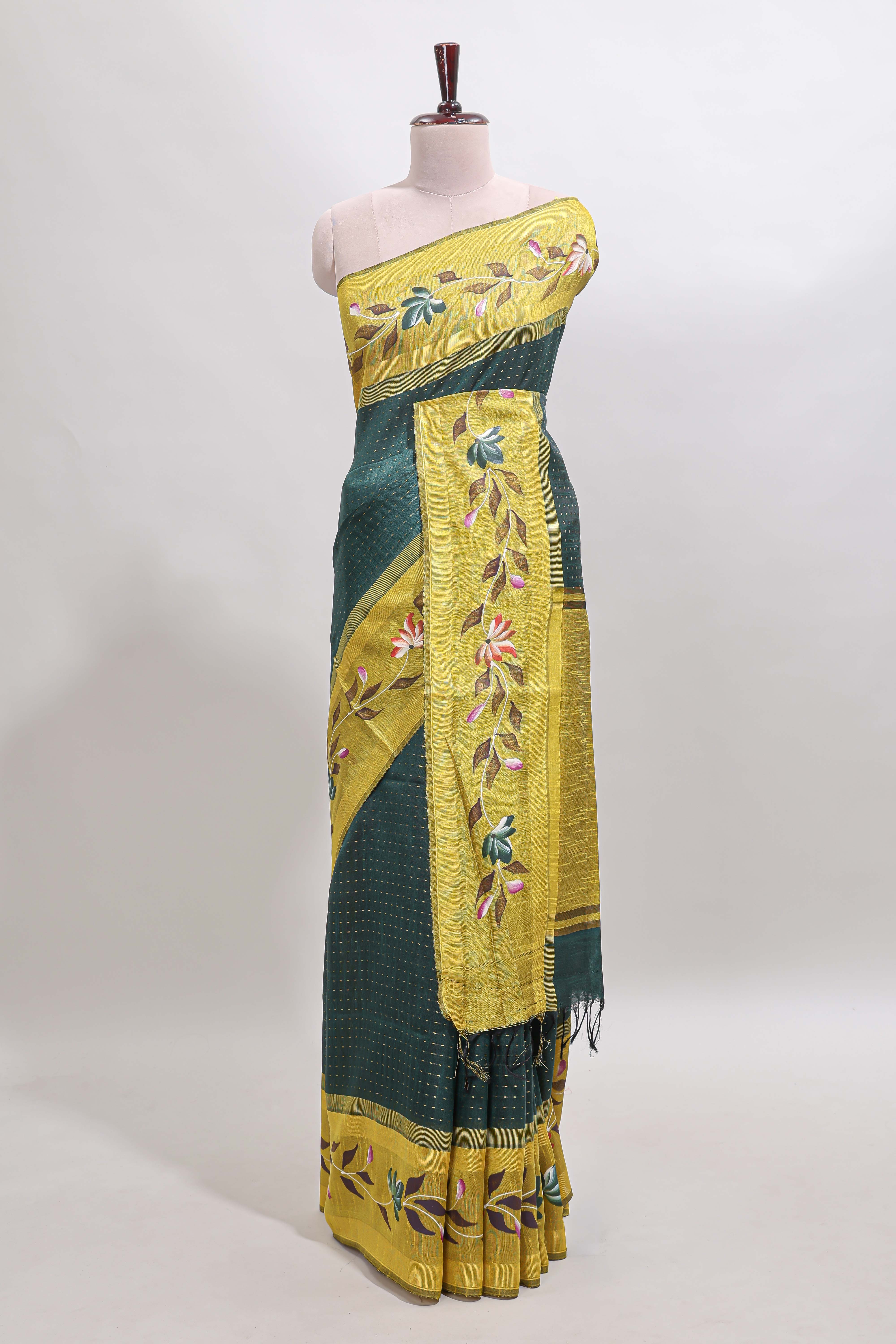 Green checked semi tussar saree with contrast floral vine border and blouse - Image 2