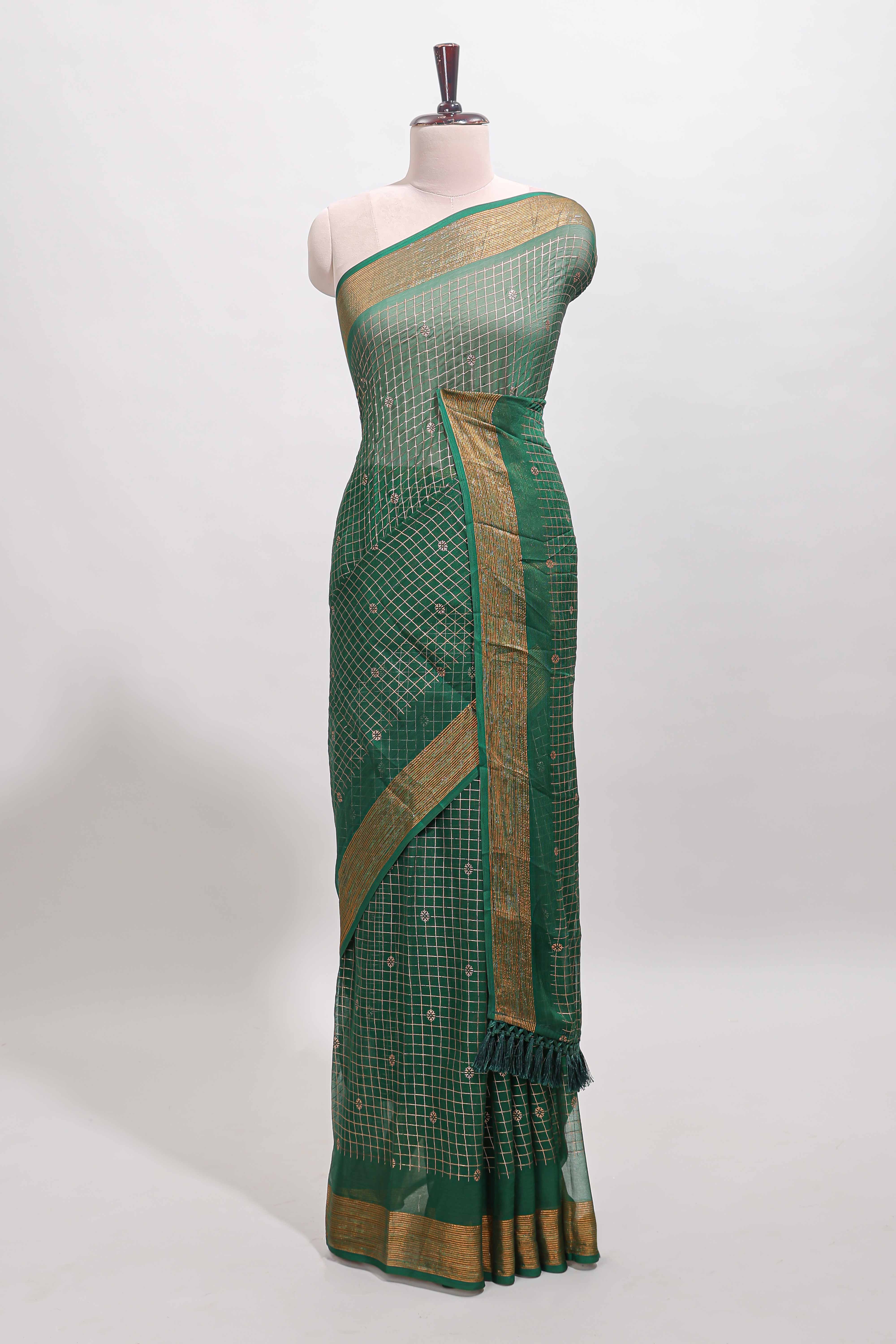 Green checked zari butta dola silk saree with self zari border and matching blouse - Image 2