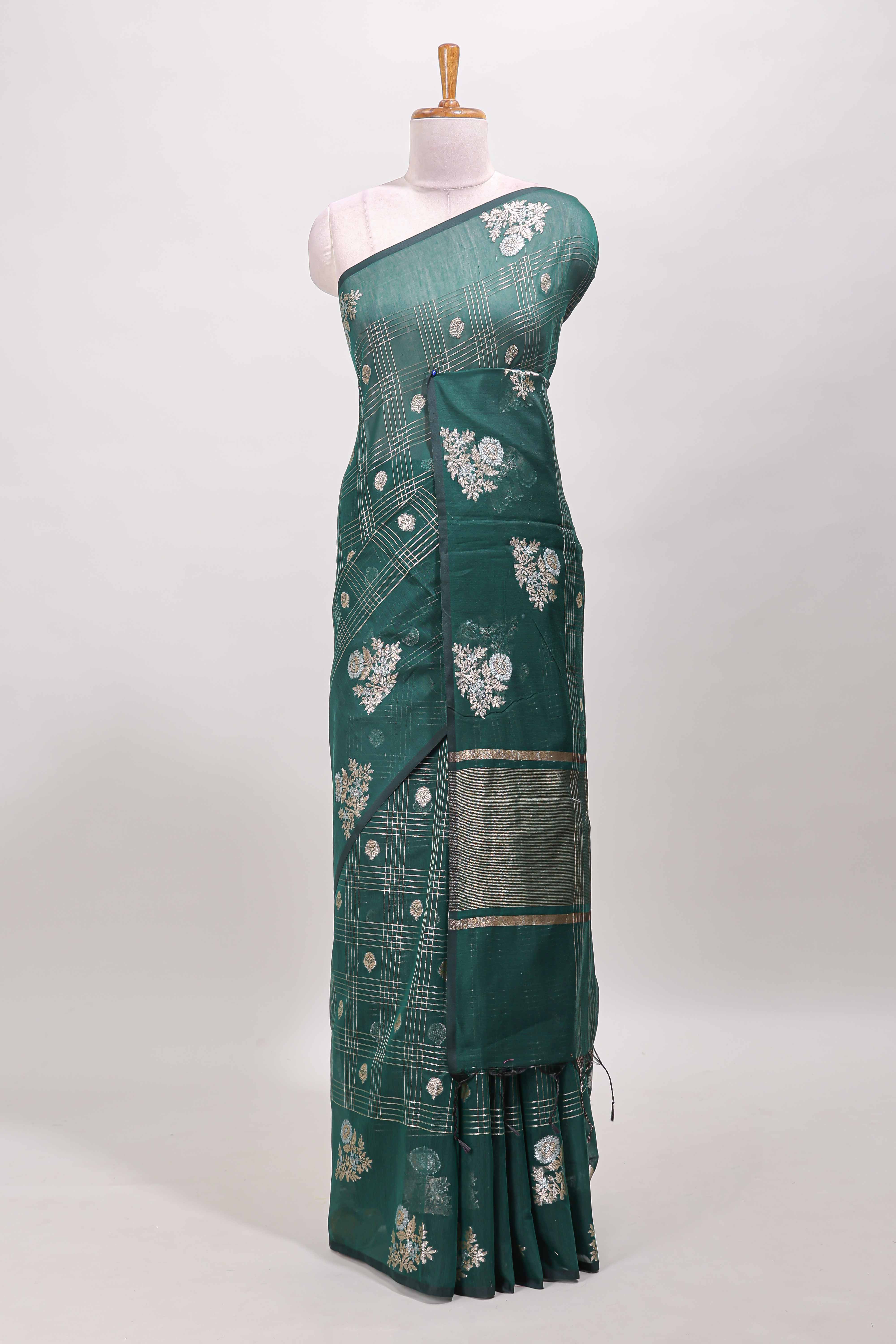 Green checked zari motifs chanderi silk cotton saree with self border and matching striped blouse - Image 2