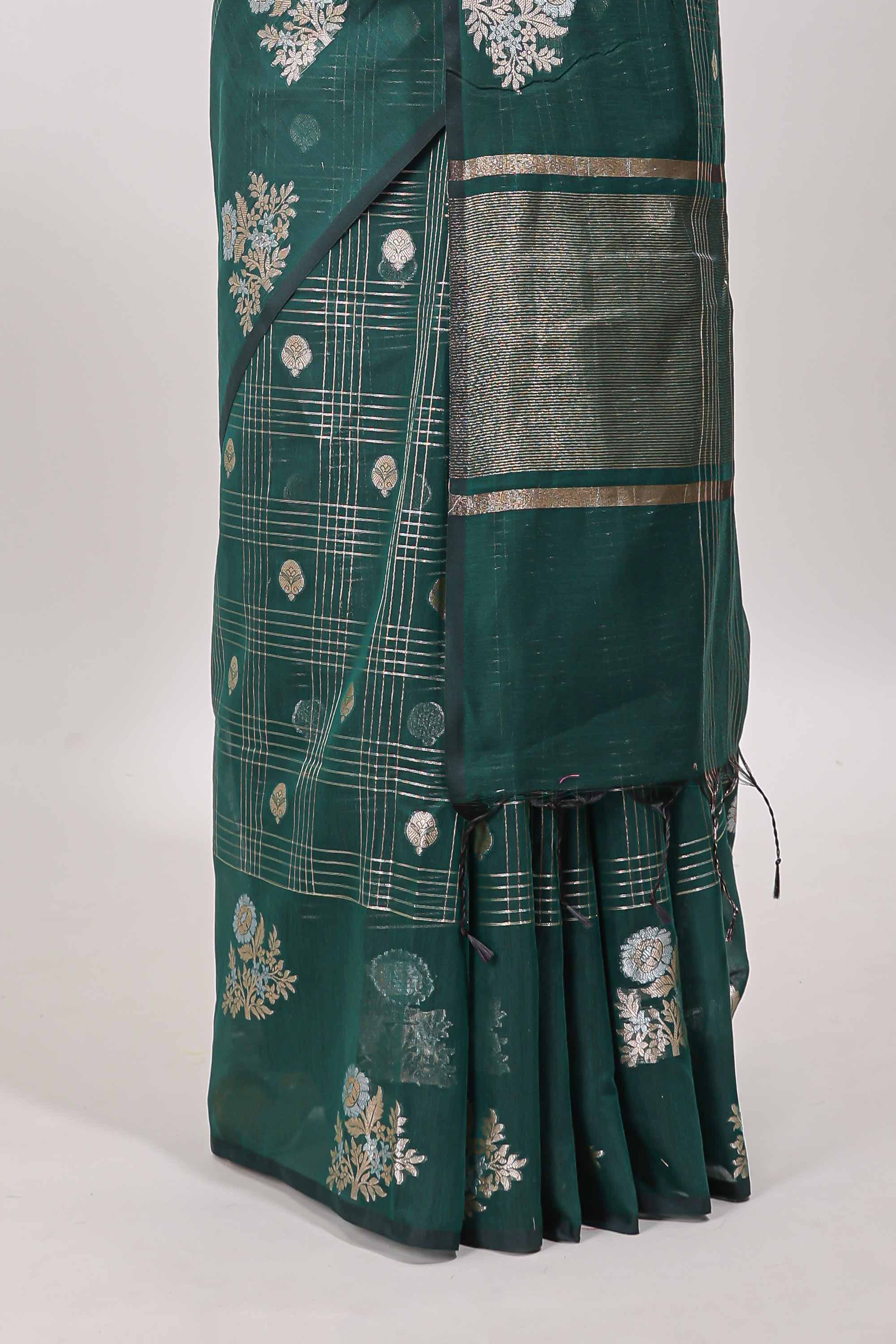 Green checked zari motifs chanderi silk cotton saree with self border and matching striped blouse - Image 4