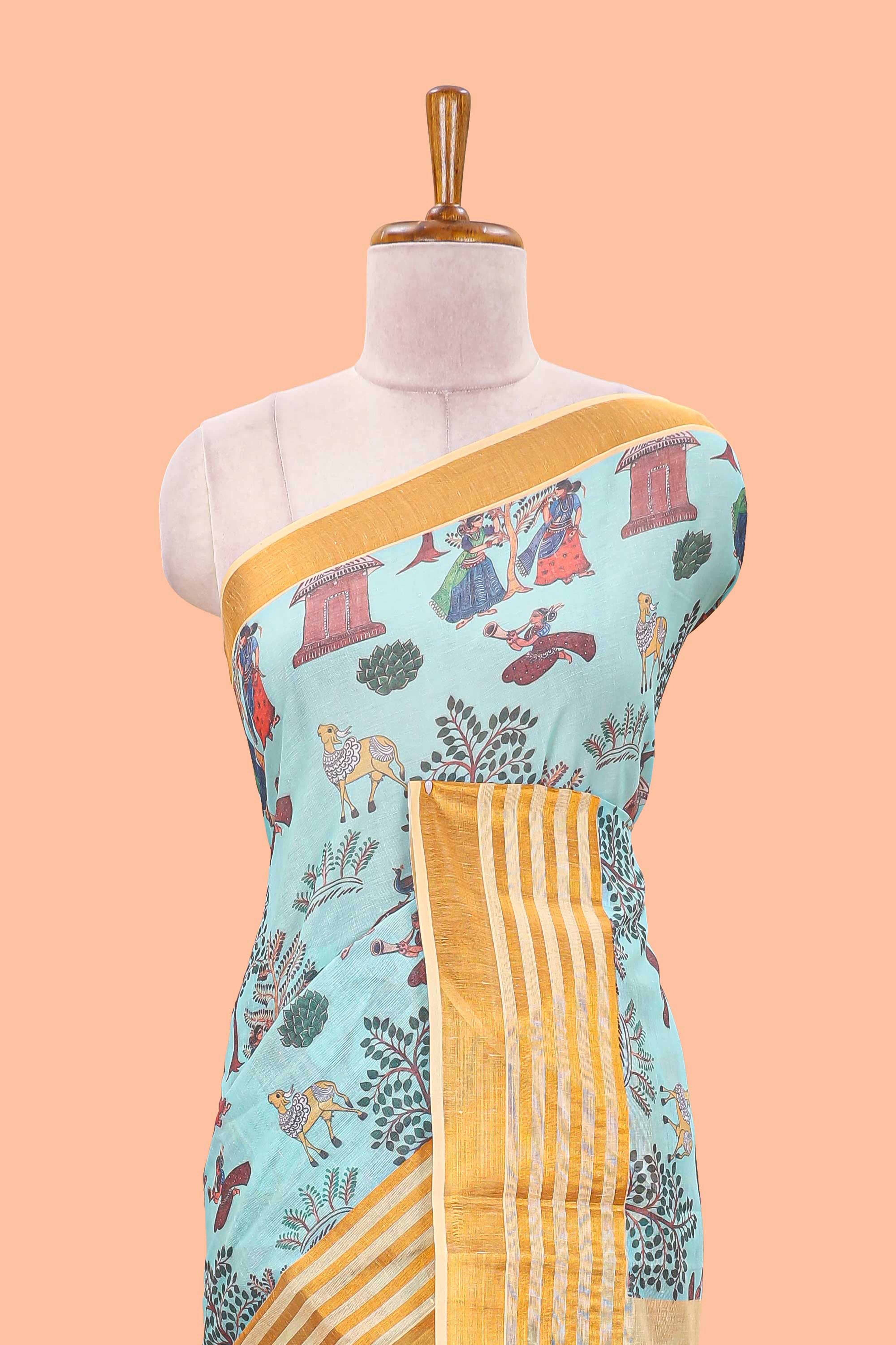 Green chirala cotton floral and animal theme digital print saree with zari border - Image 3