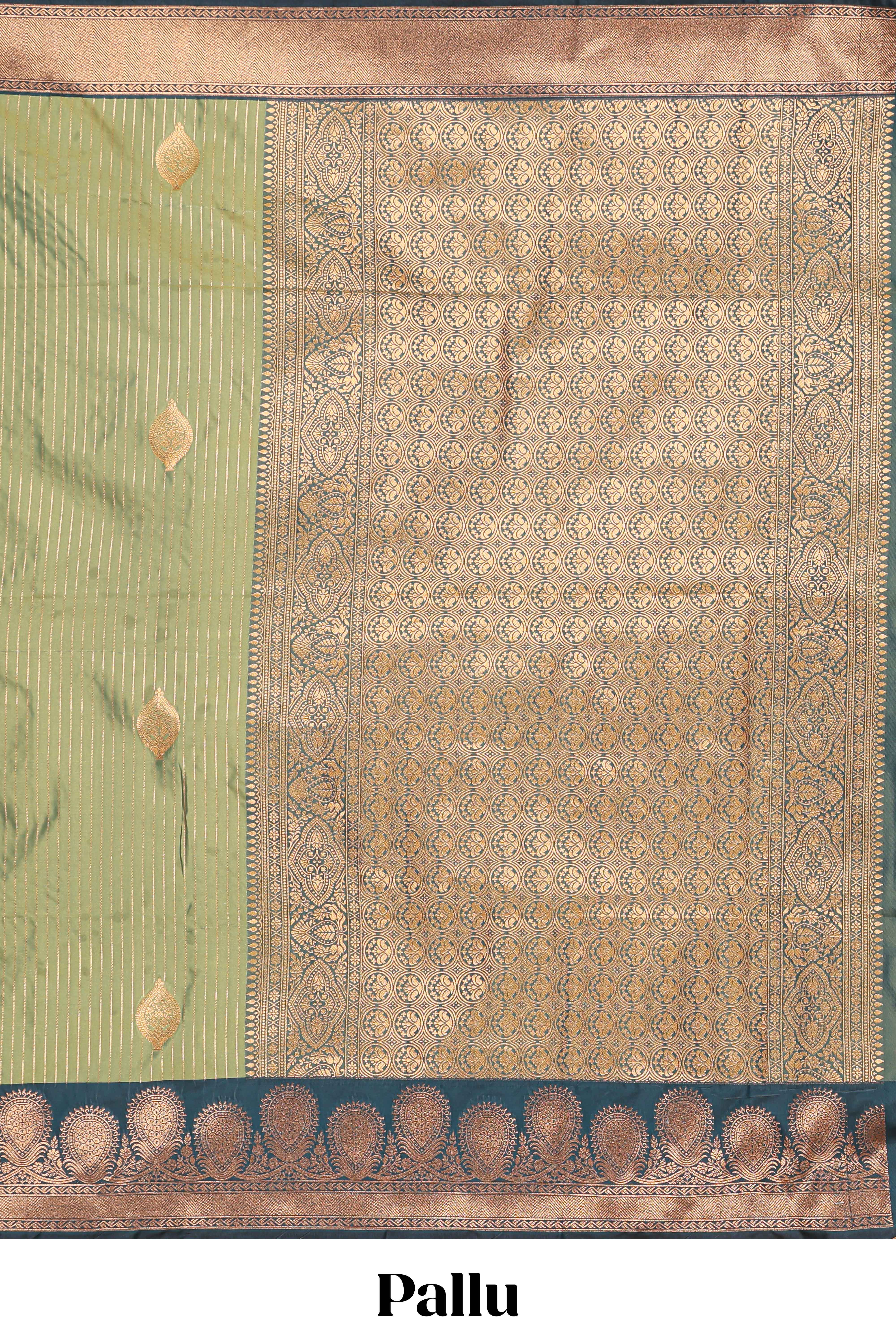 Green colour semi soft silk all over zari striped pattern with contrast zari weaving border and contrast buttas weaving blouse - Image 4