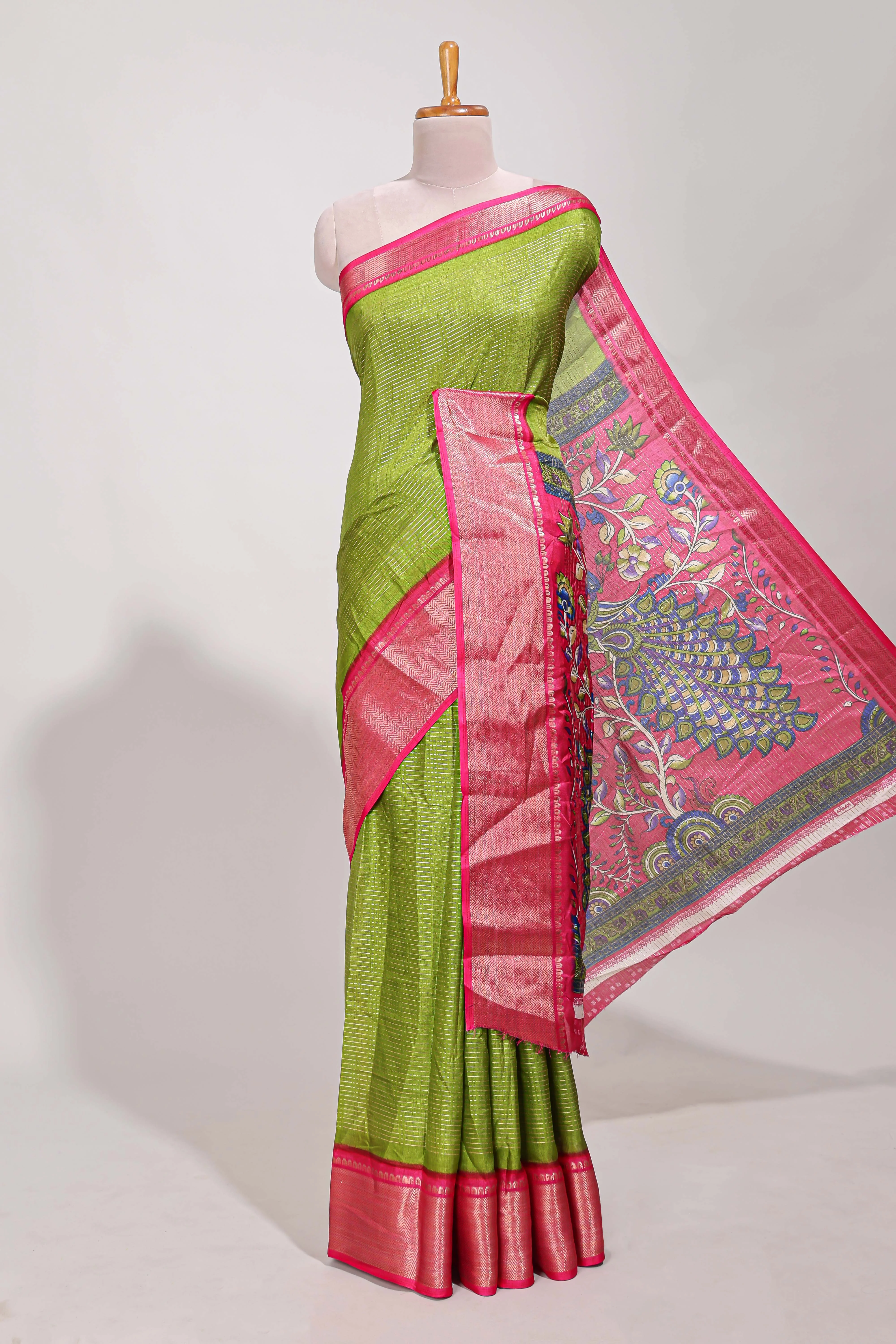 Green Dola silk saree all over zari work design with contrast zig zag border and contrast kalmkari printed pallu - Image 2