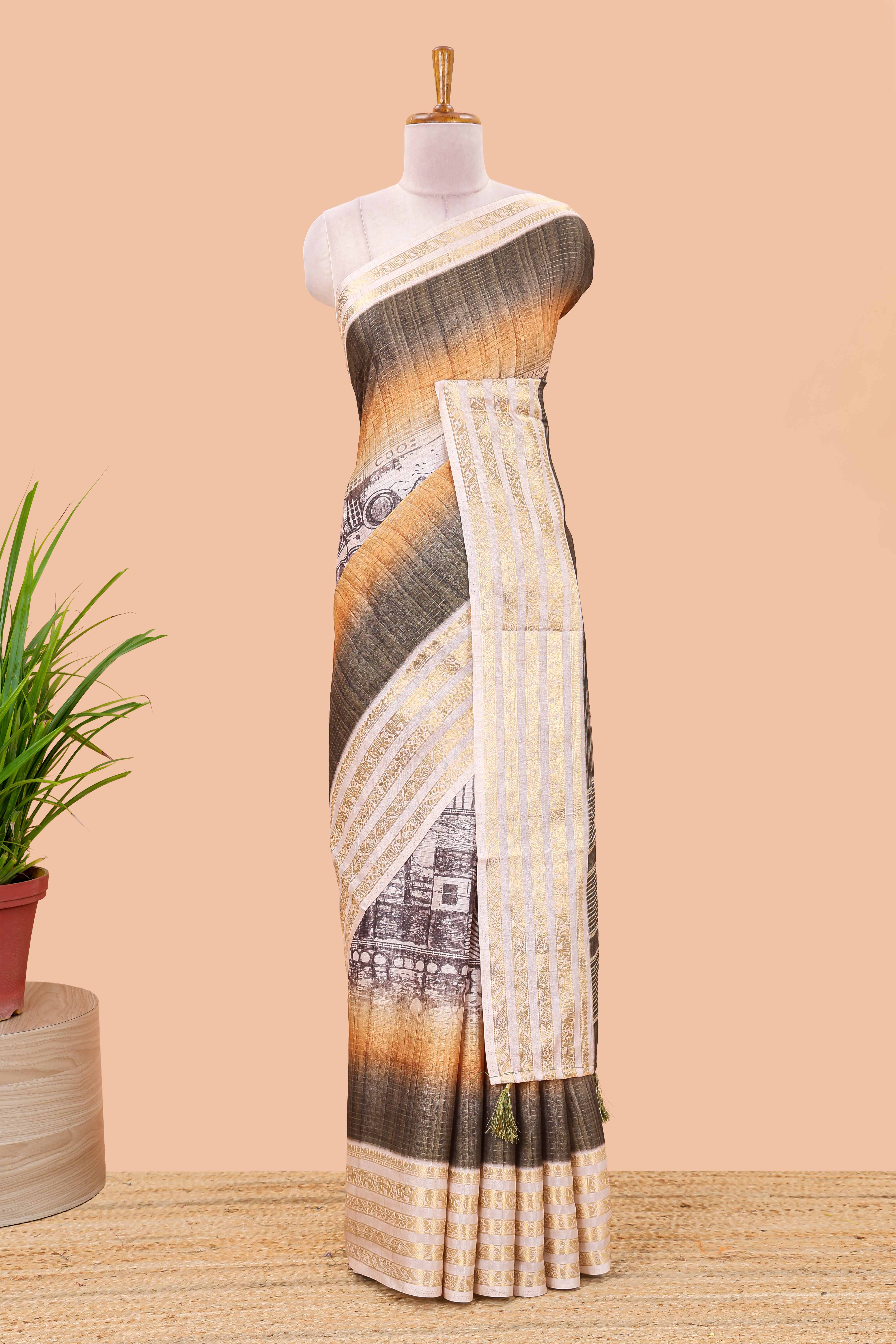 Green dola silk saree with temple architecture print, zari striped pallu and border - Image 2