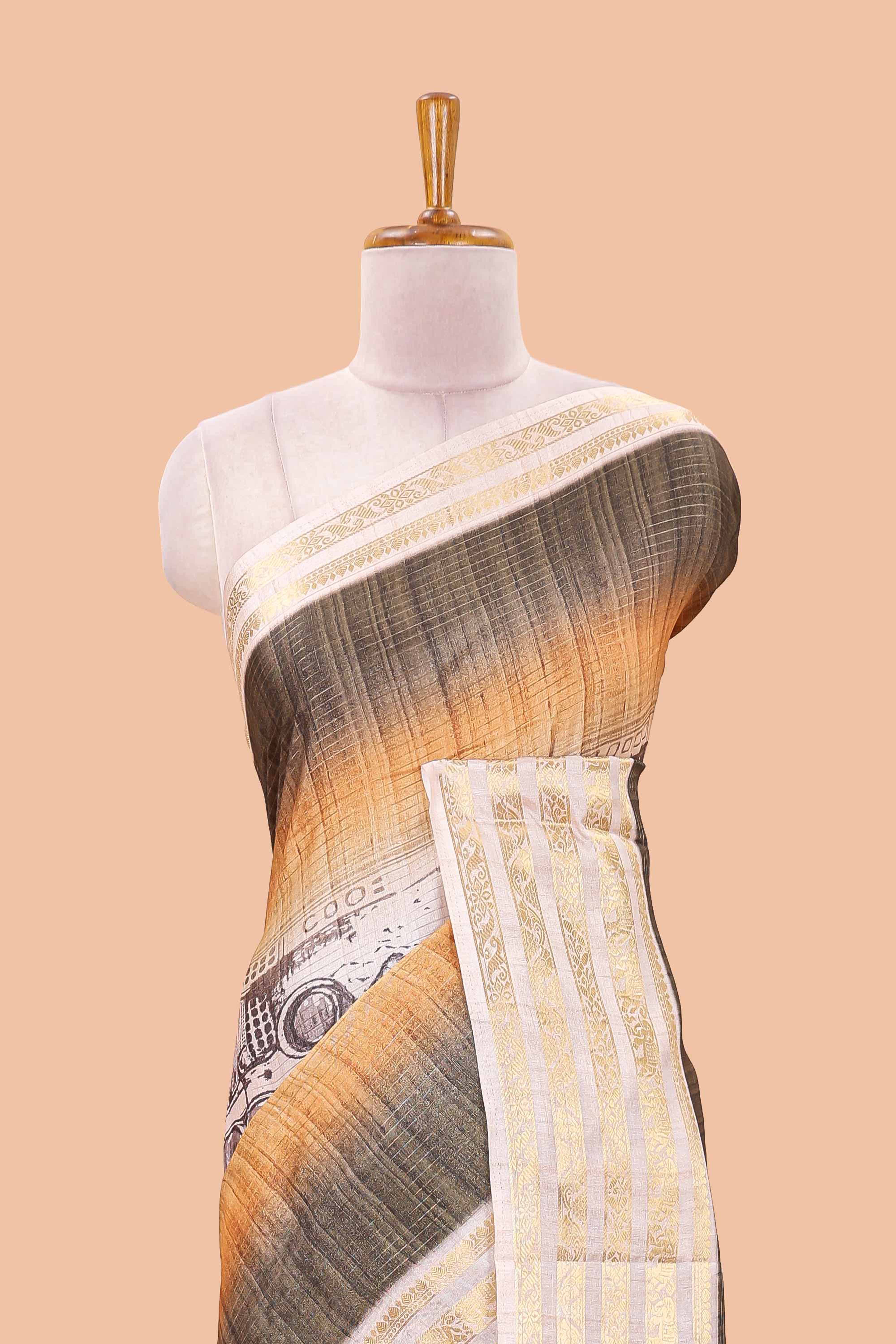 Green dola silk saree with temple architecture print, zari striped pallu and border - Image 3