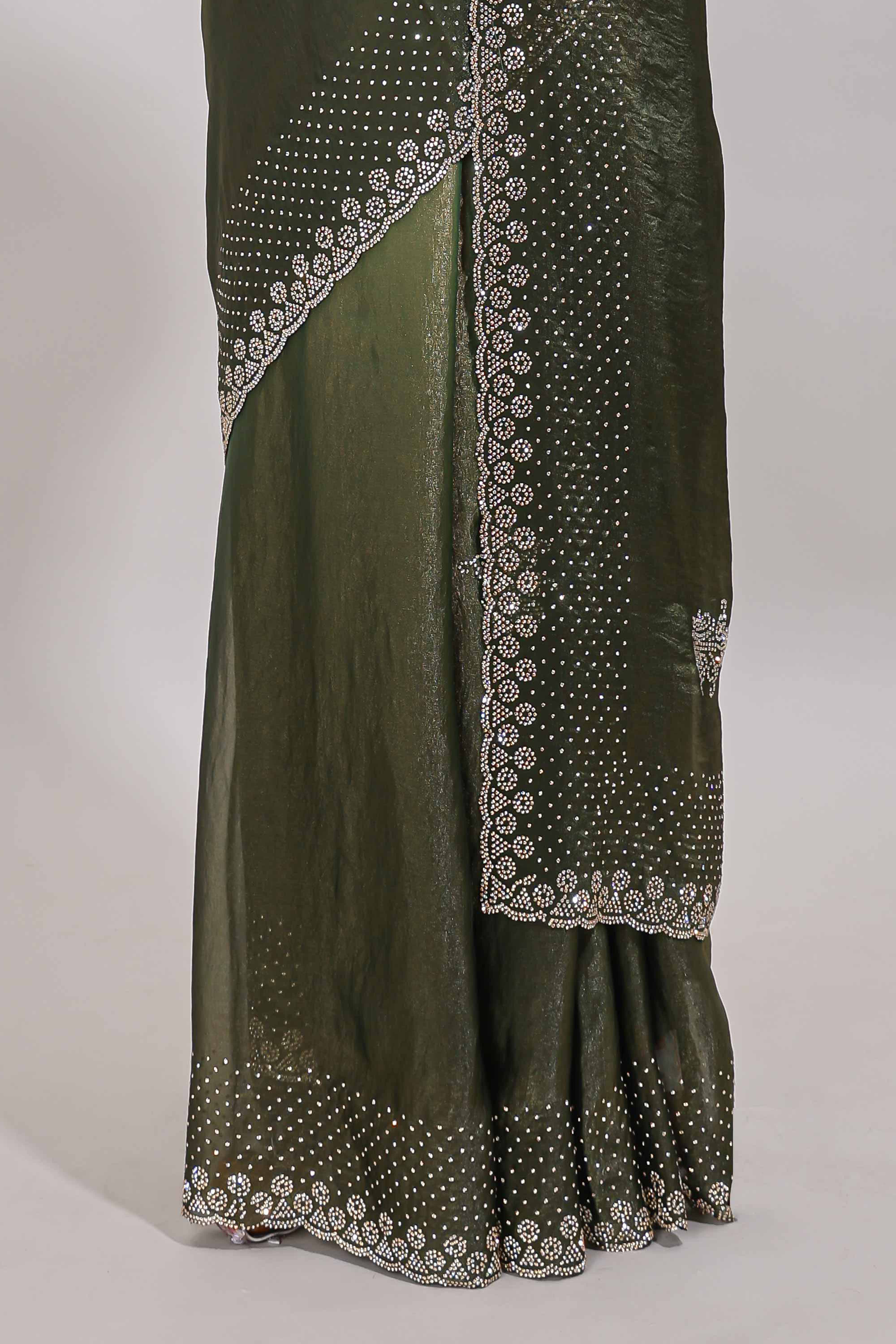 Green dual shade designer saree with floral motifs, stone work & scallop border - Image 4