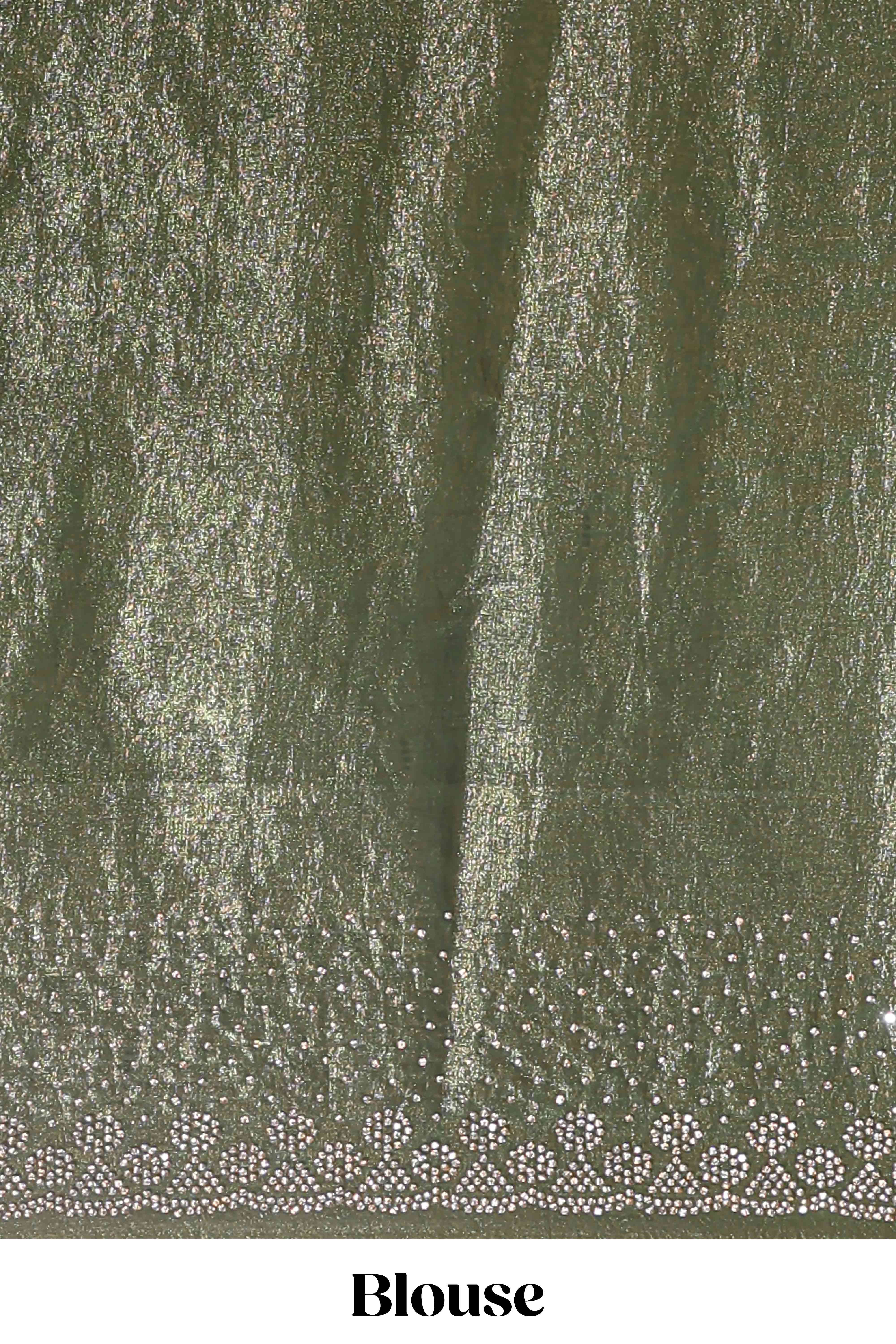 Green dual shade designer saree with floral motifs, stone work & scallop border - Image 5