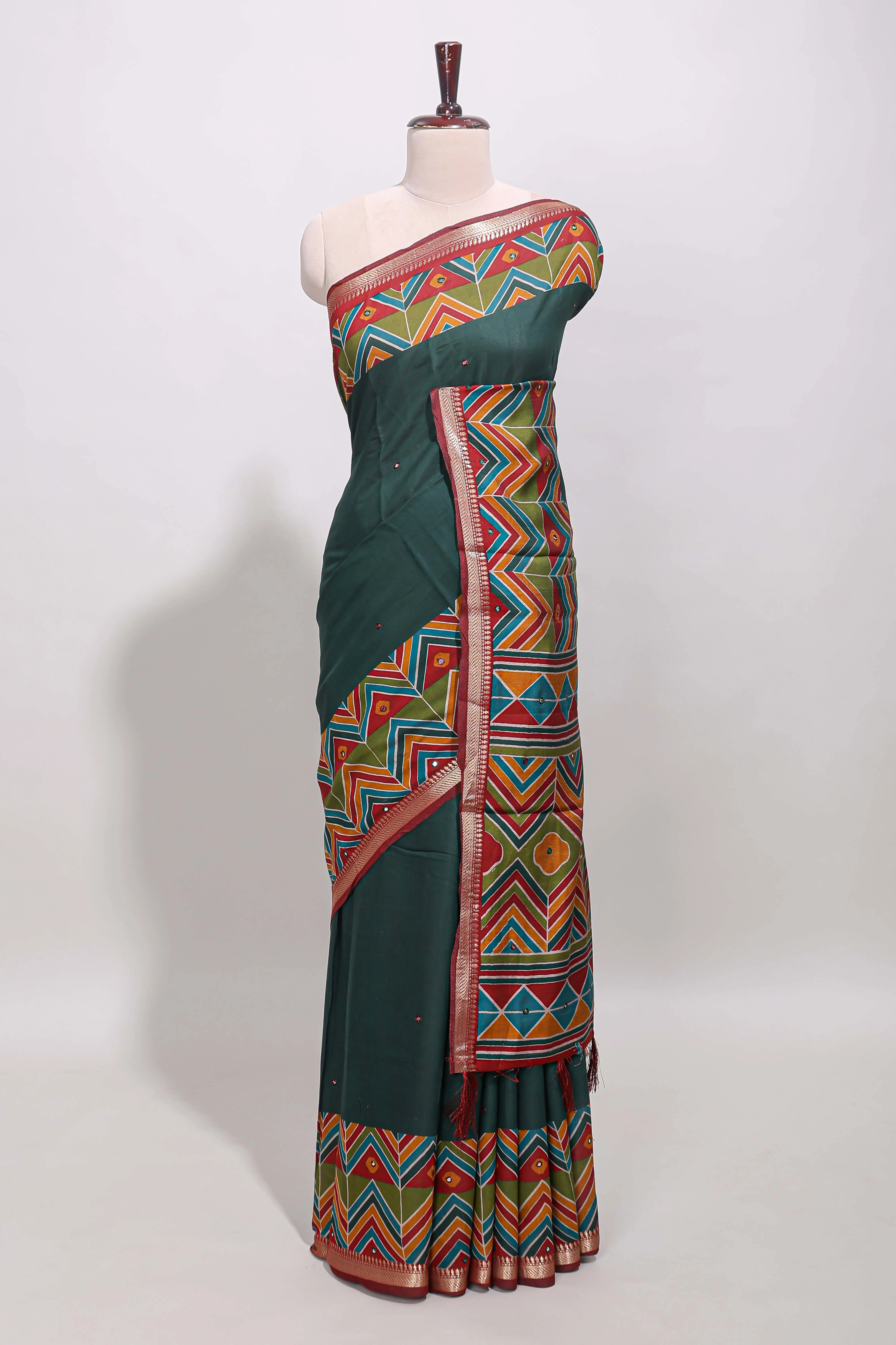Green embroidery mirror work viscose georgette saree with contrast chevron design zari border and printed pallu - Image 2