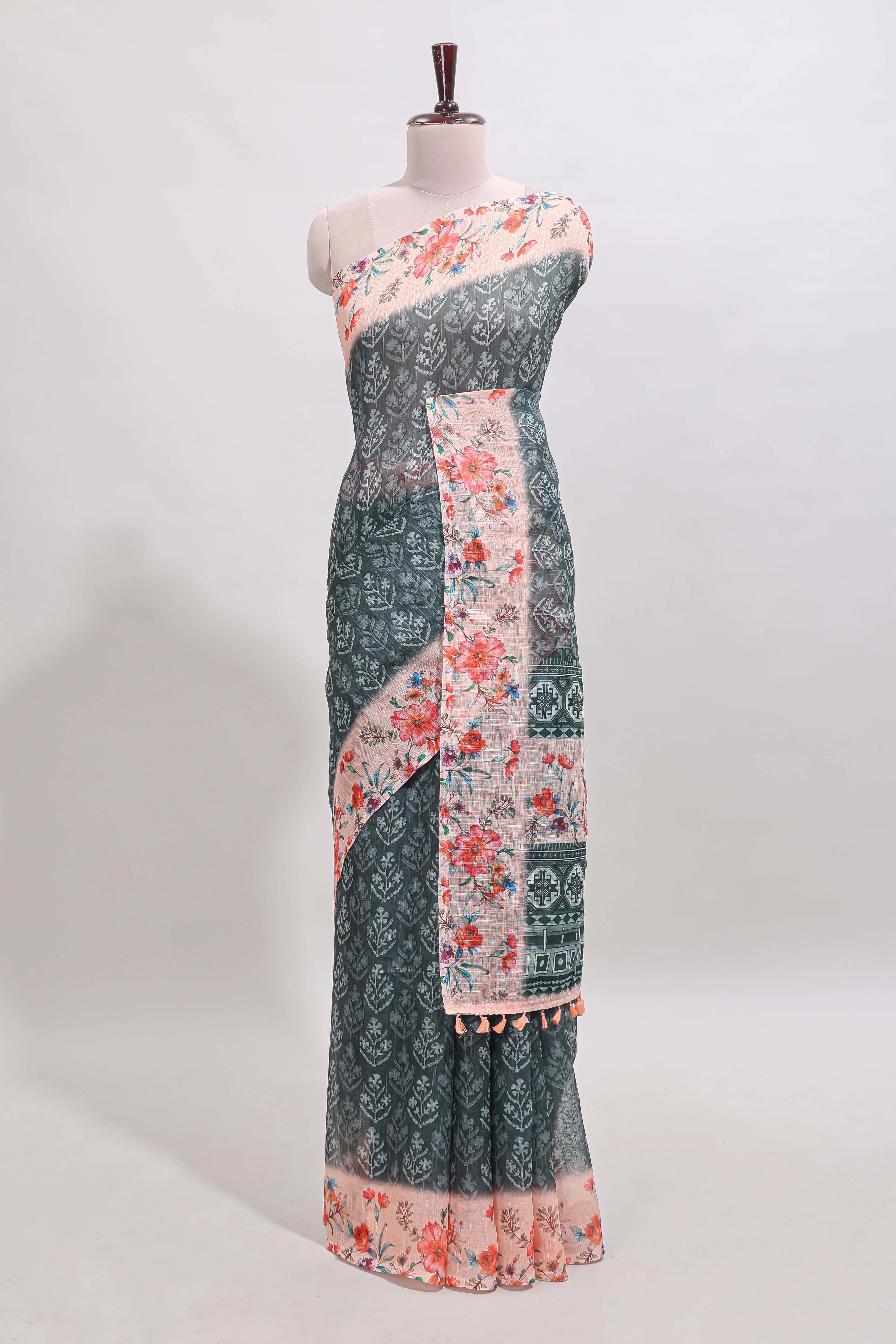 Green floral design linen cotton saree with contrast floral design border and matching blouse - Image 2