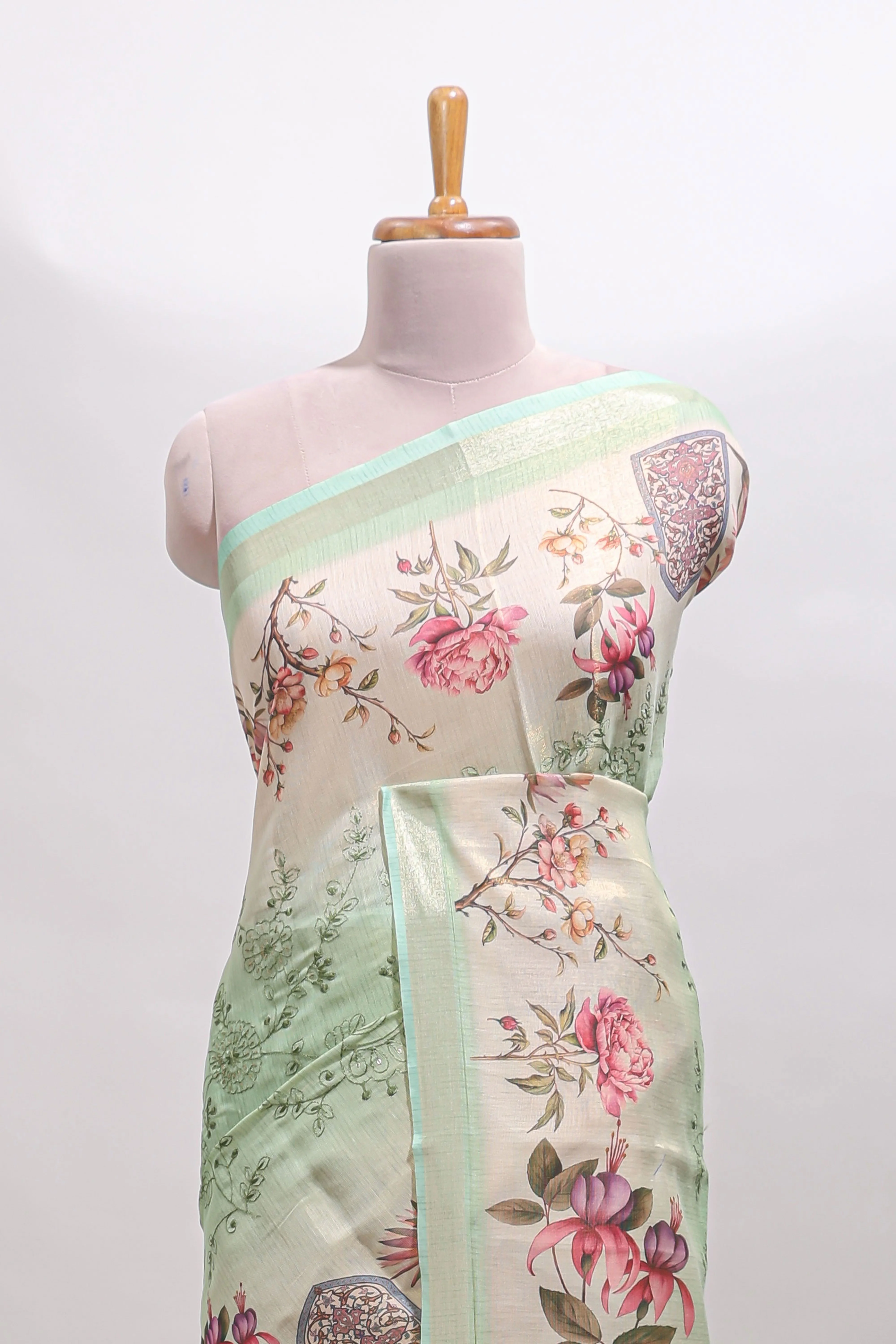 Green floral design linen cotton saree with self zari border and matching printed blouse - Image 3