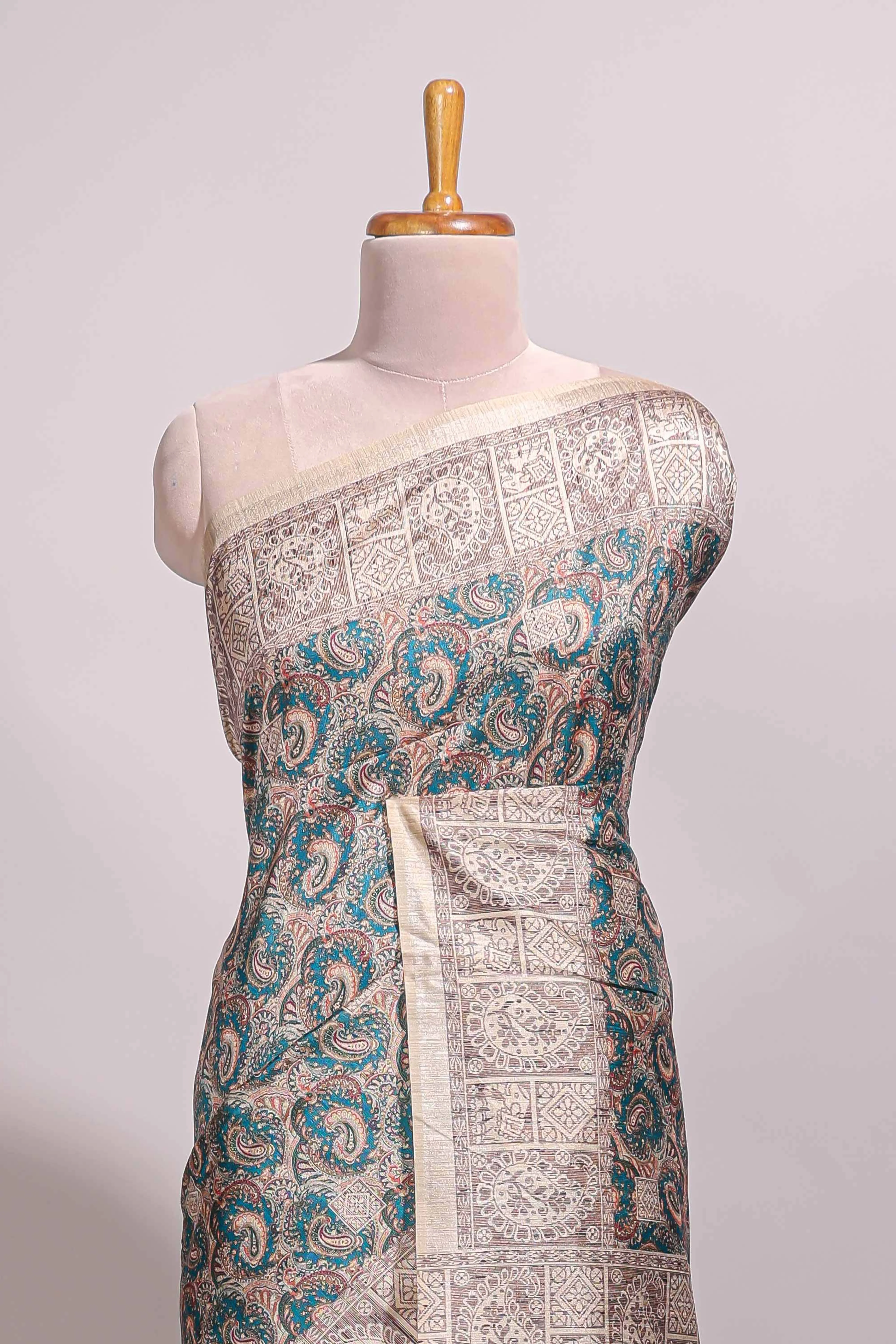 Green floral design semi tussar saree with contrast border and floral printed blouse - Image 3