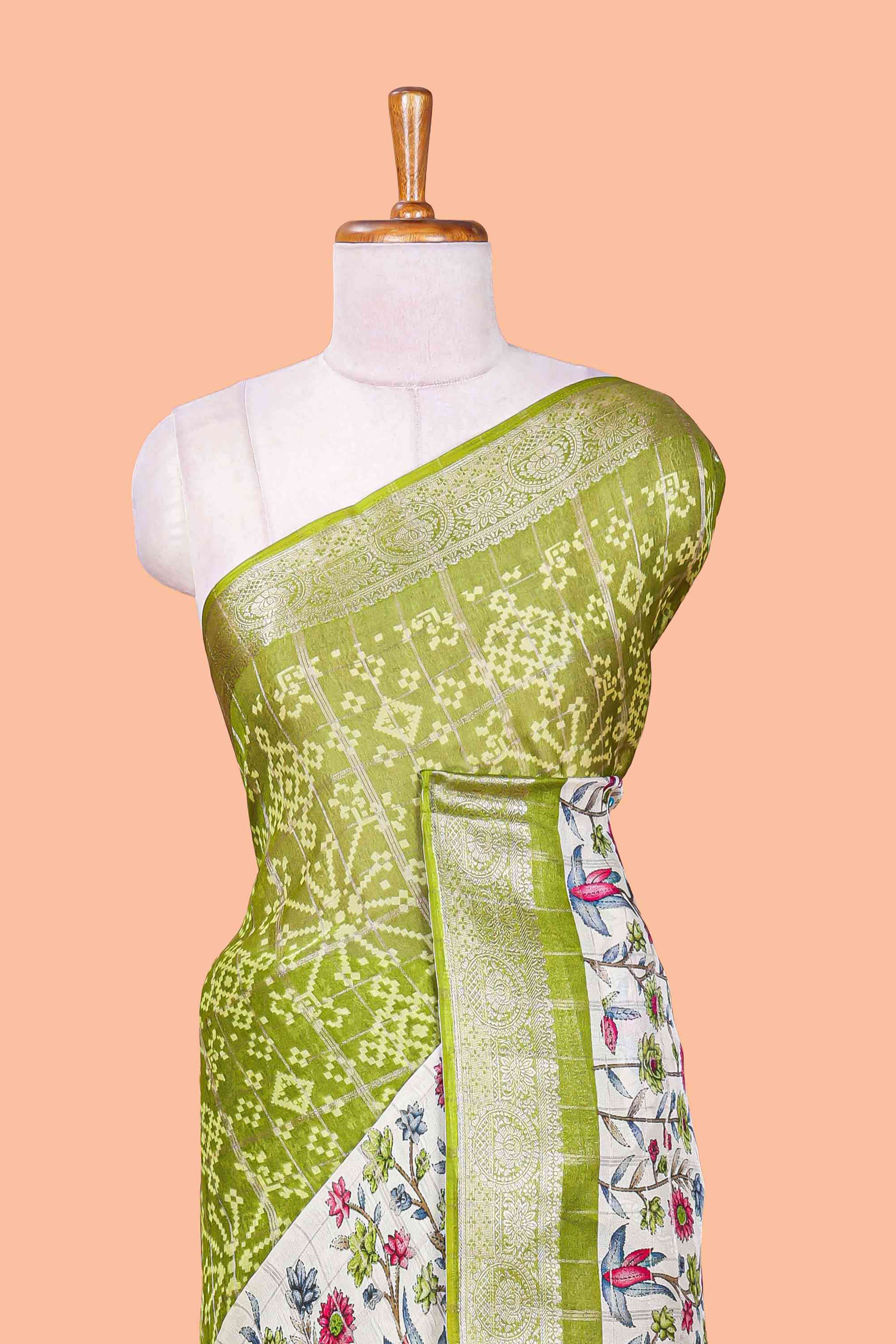 Green floral ikkat style marsh georgette saree with zari border and contrast blouse - Image 3