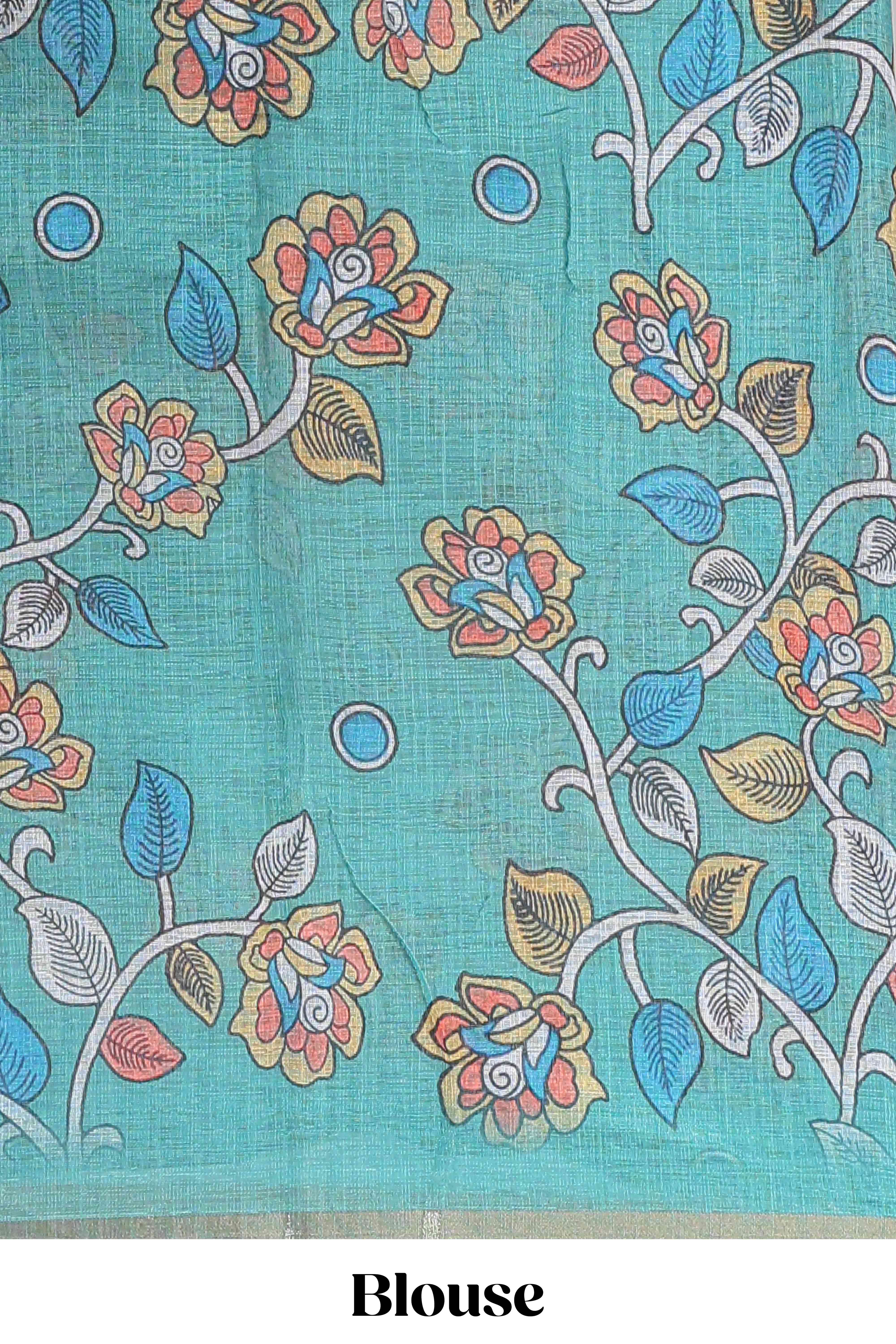 Green floral petal striped design linen cotton with self zari border and floral printed pallu - Image 4