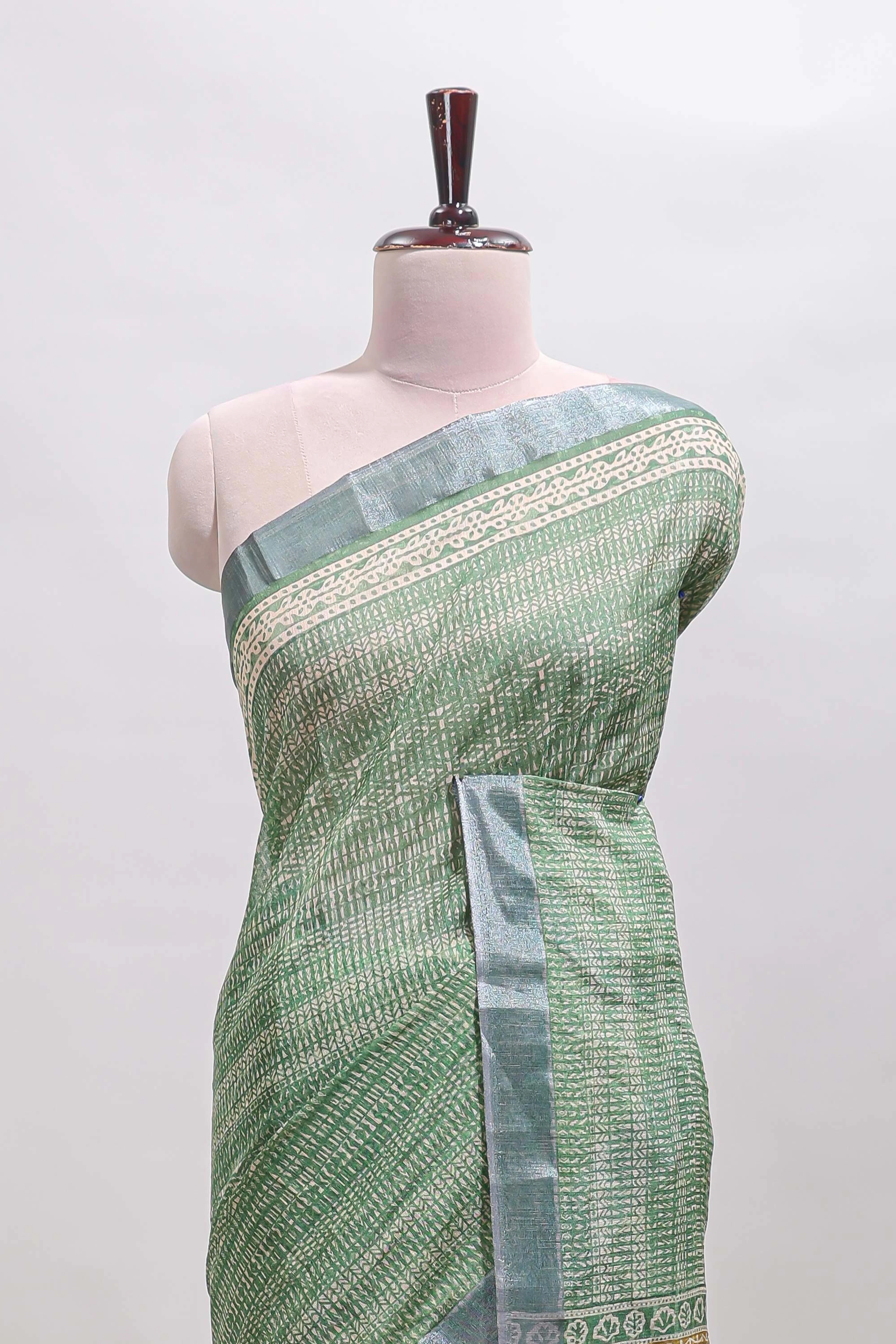 Green geometric design semi tussar saree with contrast border and matching blouse - Image 3