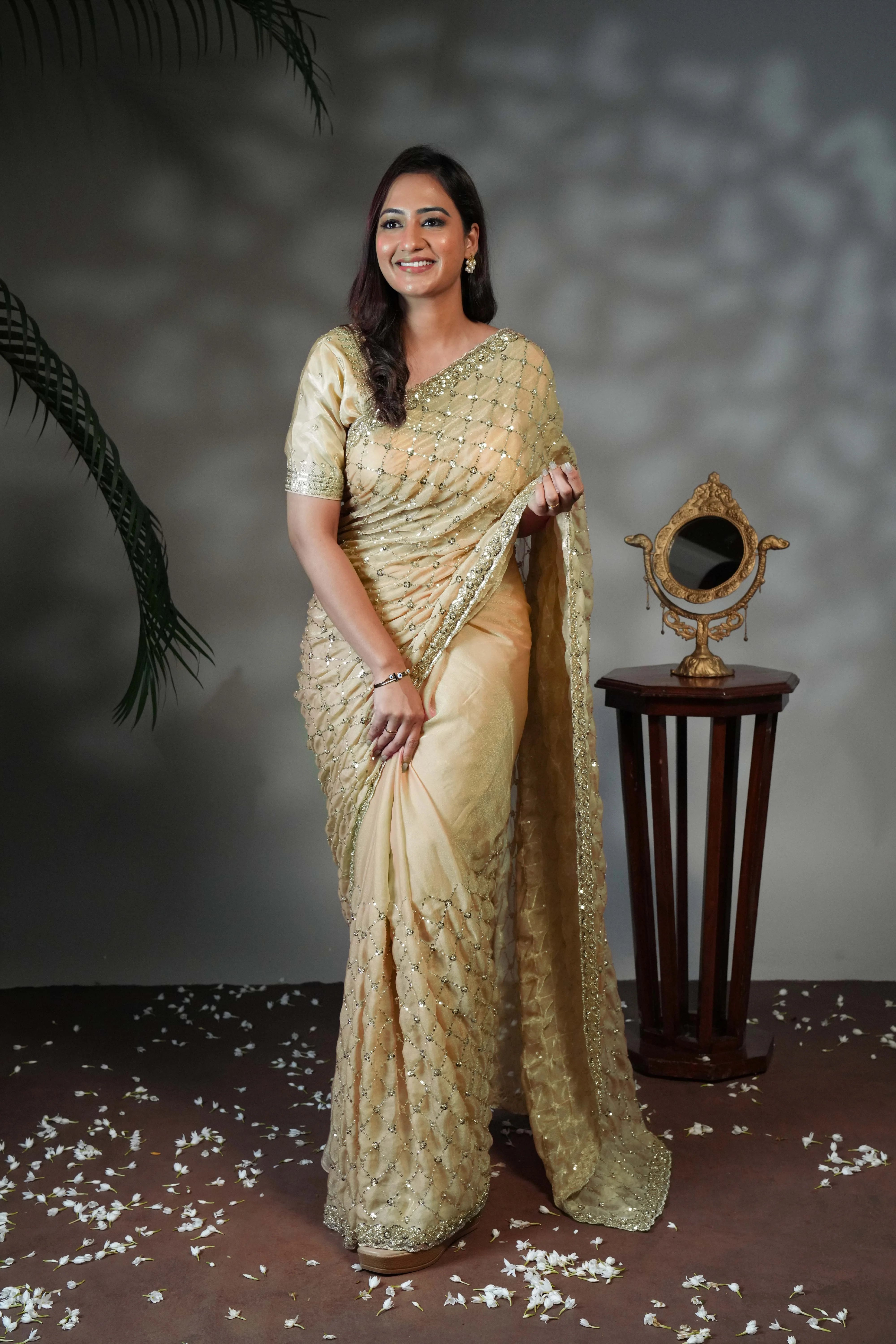 Green geometric pattern stone work all over body designer saree with scallop design border matching blouse - Image 3
