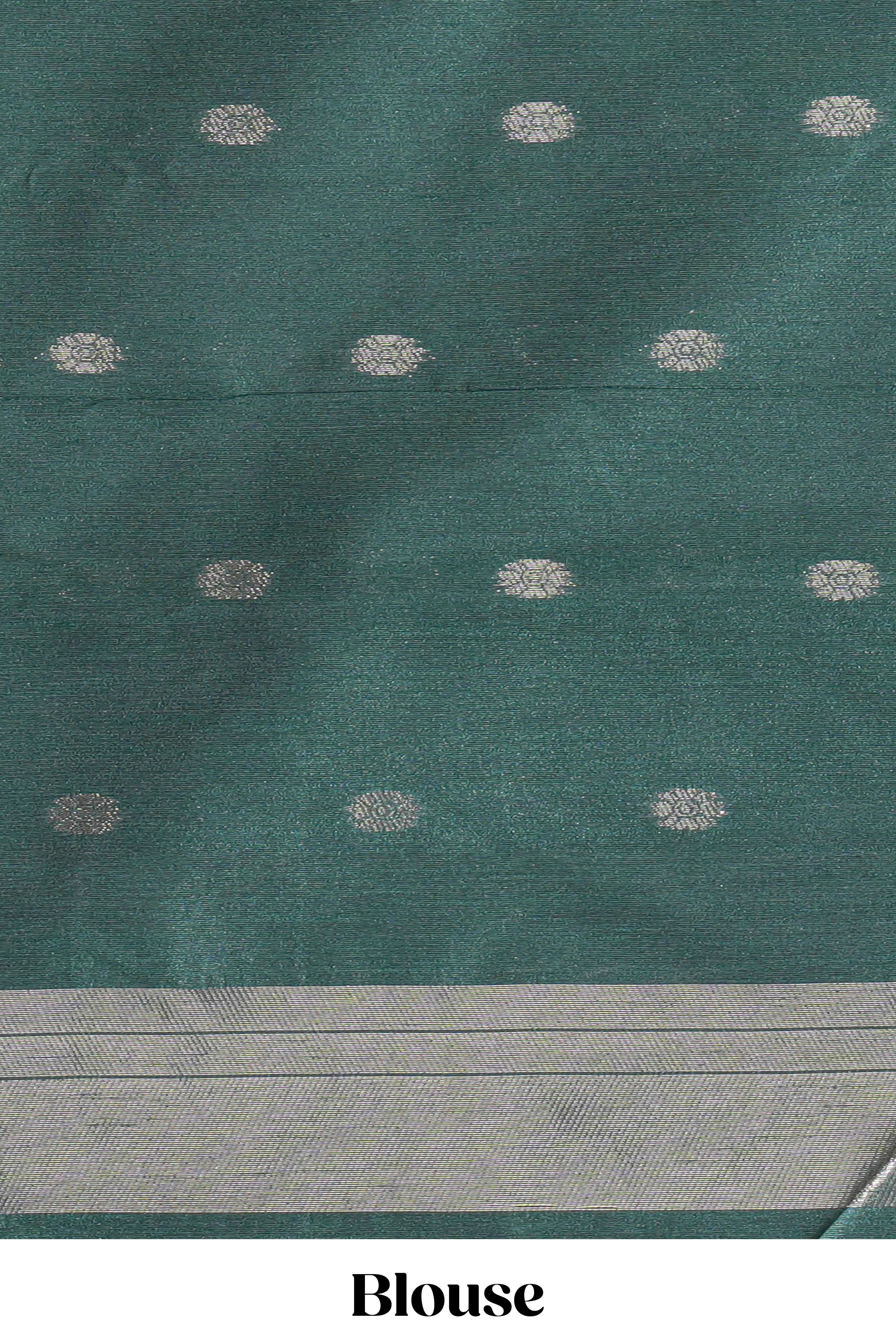 Green ikkat style silver zari butta art tussar saree with self zari temple design border and matching blouse - Image 5