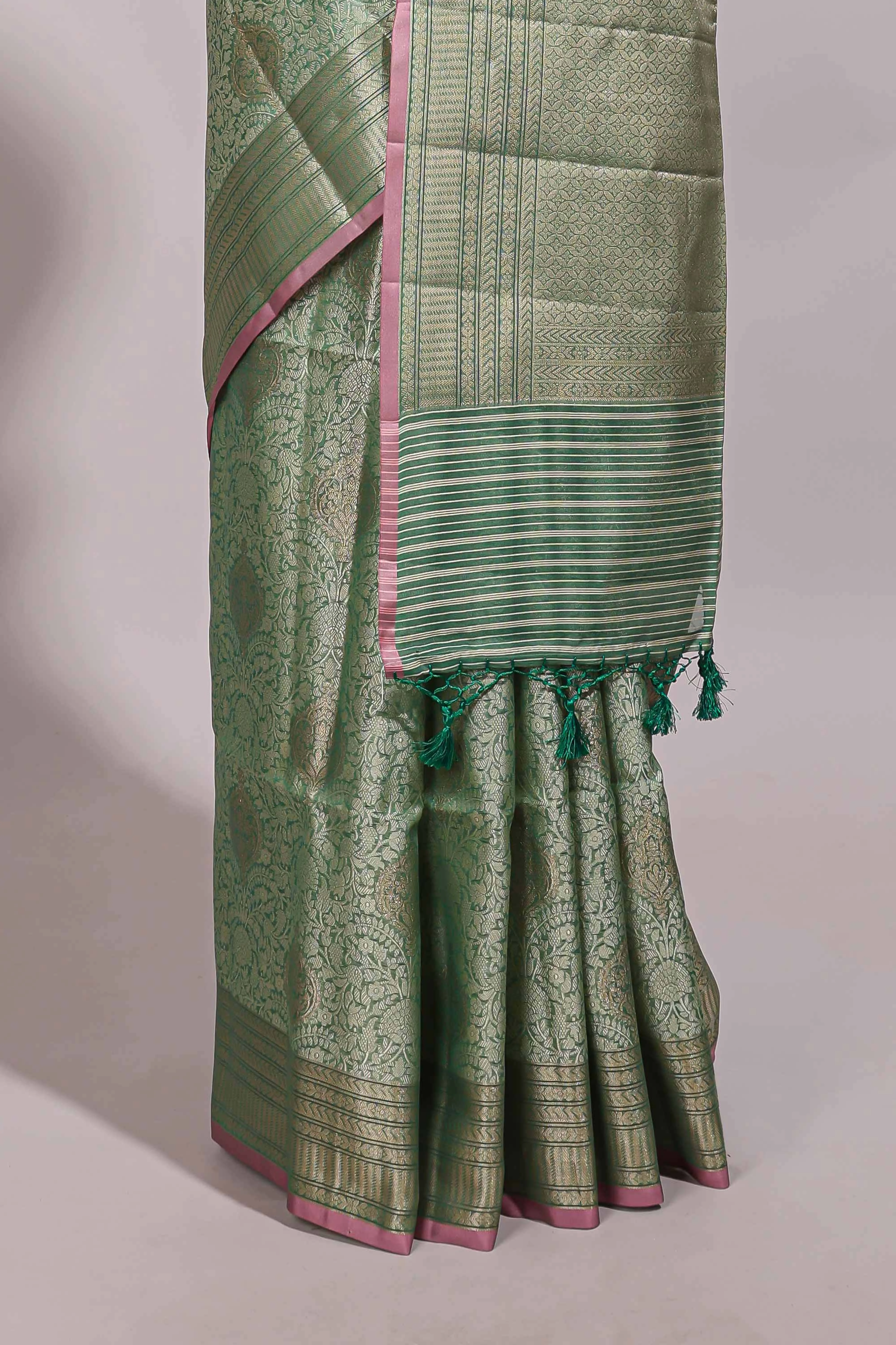 Green jacquard floral zari motifs design semi tussar saree with self border and matching blouse - Image 4