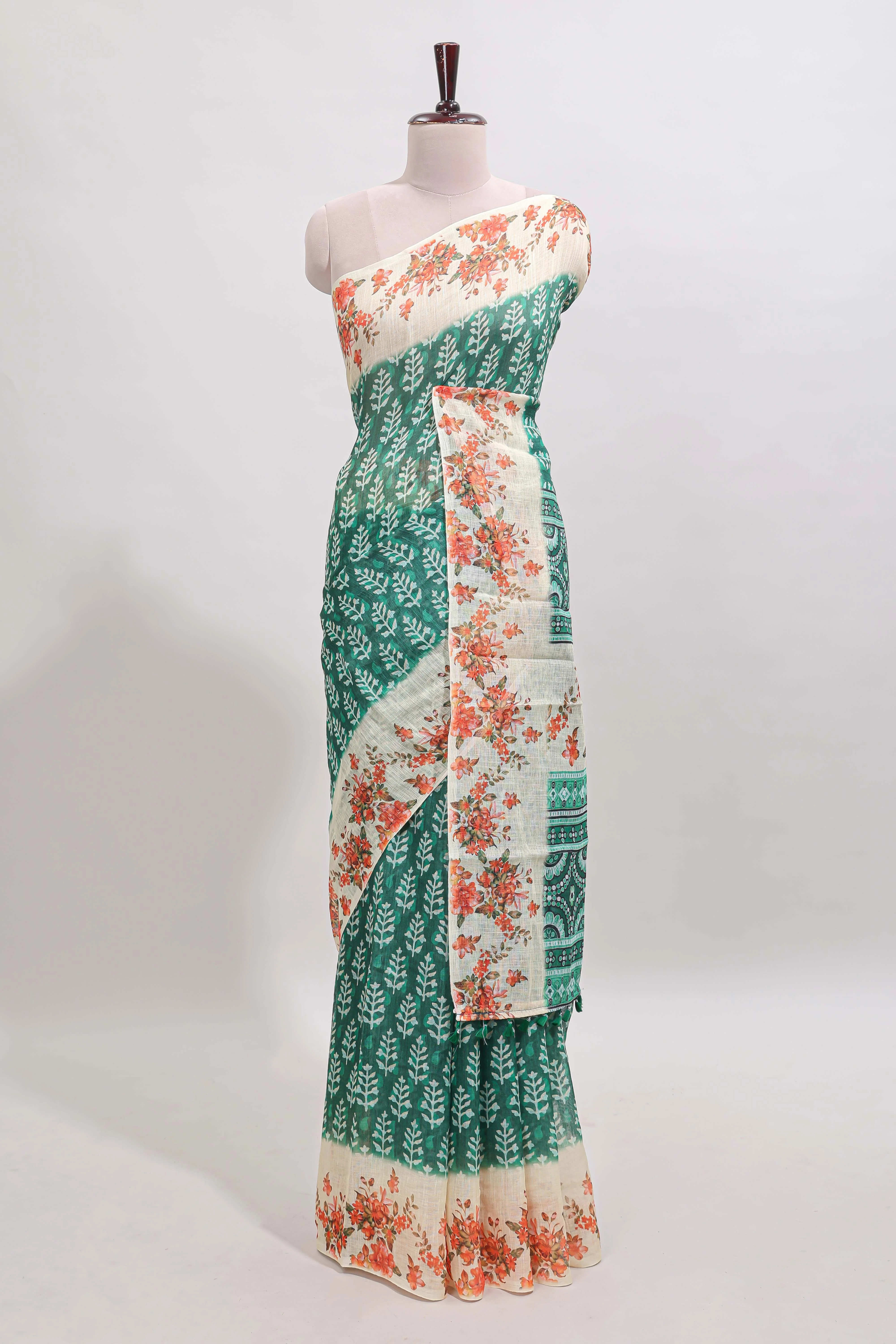 Green leaf design linen cotton saree with contrast floral design border and matching blouse - Image 2