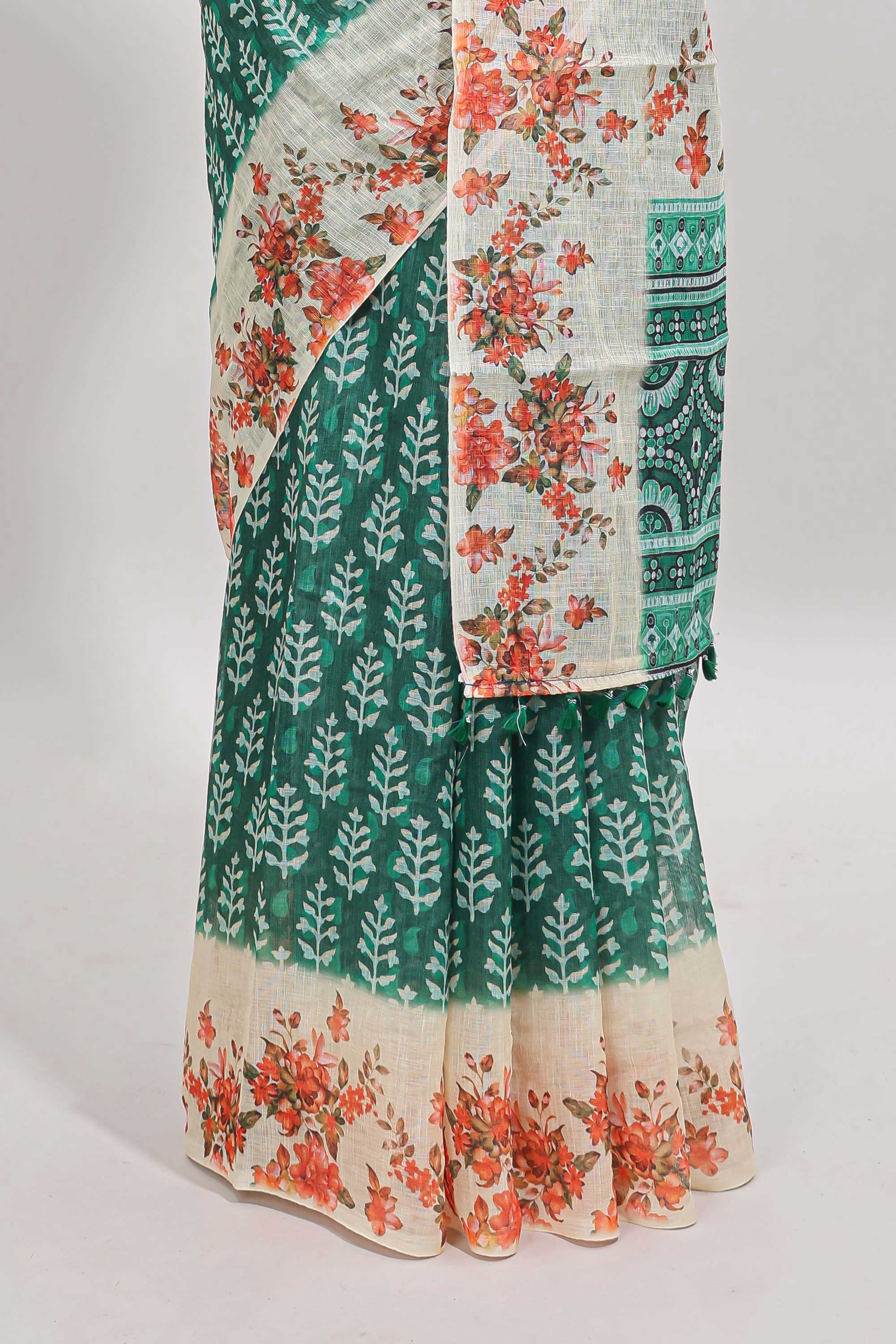 Green leaf design linen cotton saree with contrast floral design border and matching blouse - Image 4