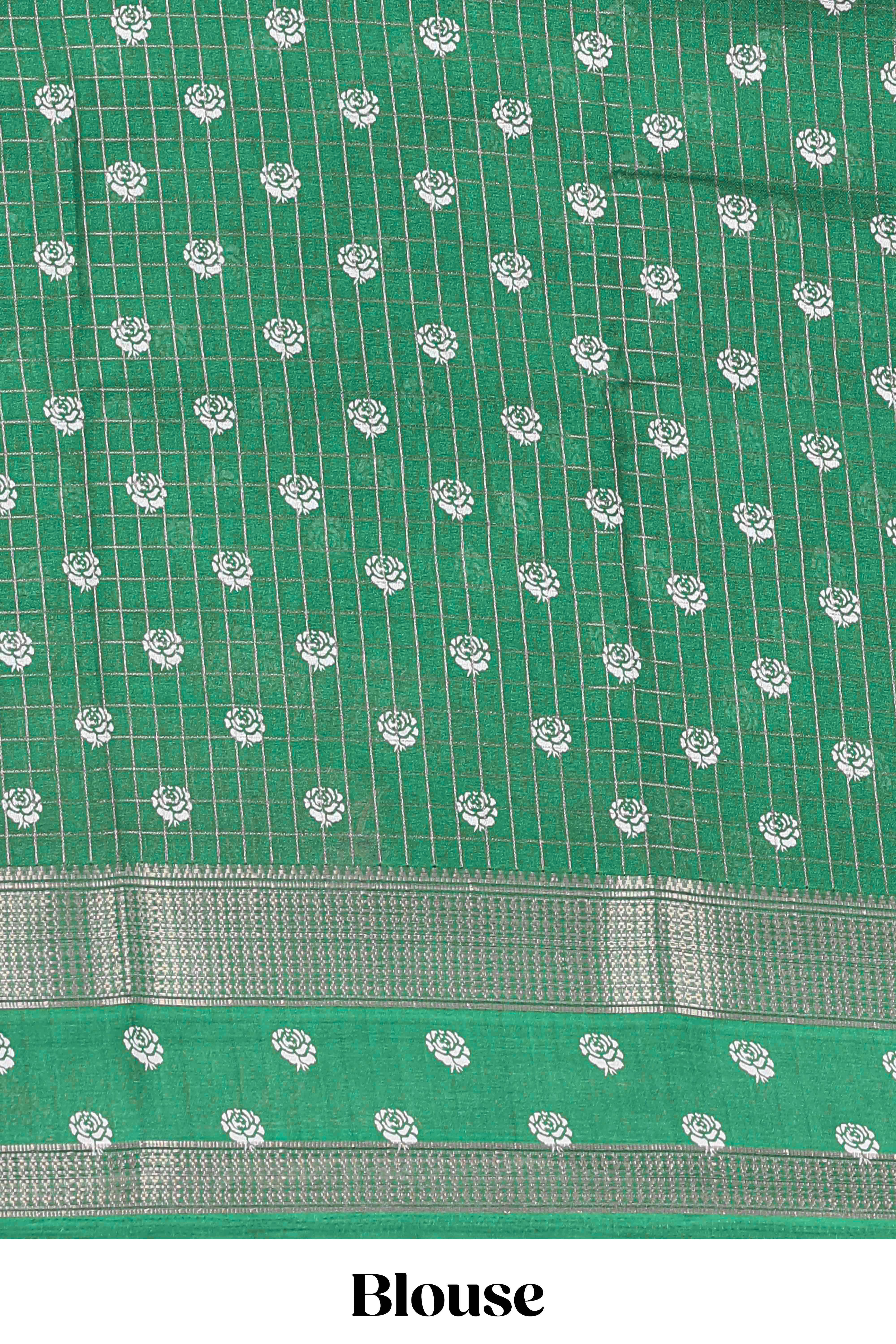 Green marsh georgette saree with zari checks and floral printed pallu - Image 5
