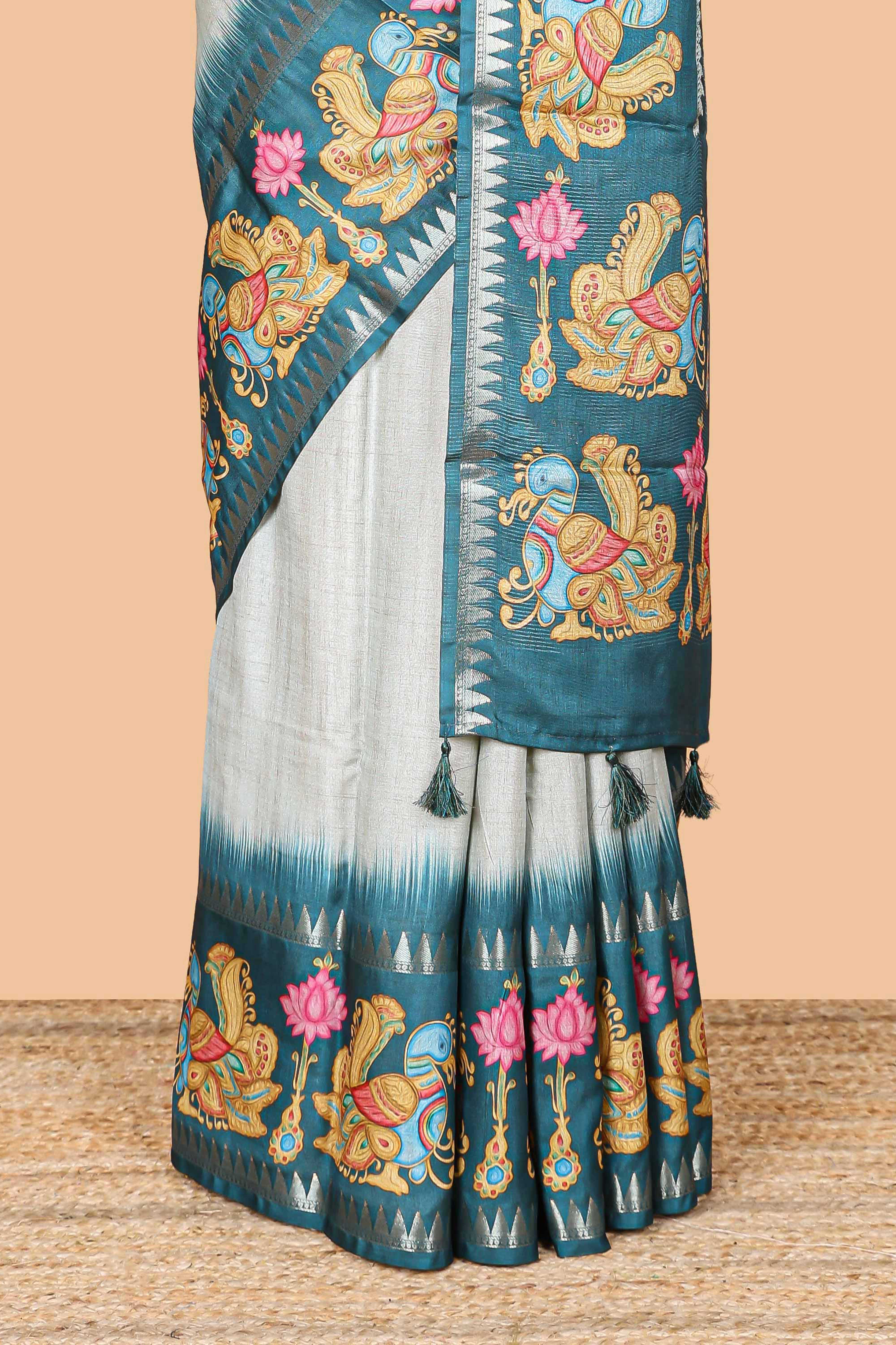 Green plain art tussar silk saree with contrast annam bird and lotus theme border and printed pallu - Image 4