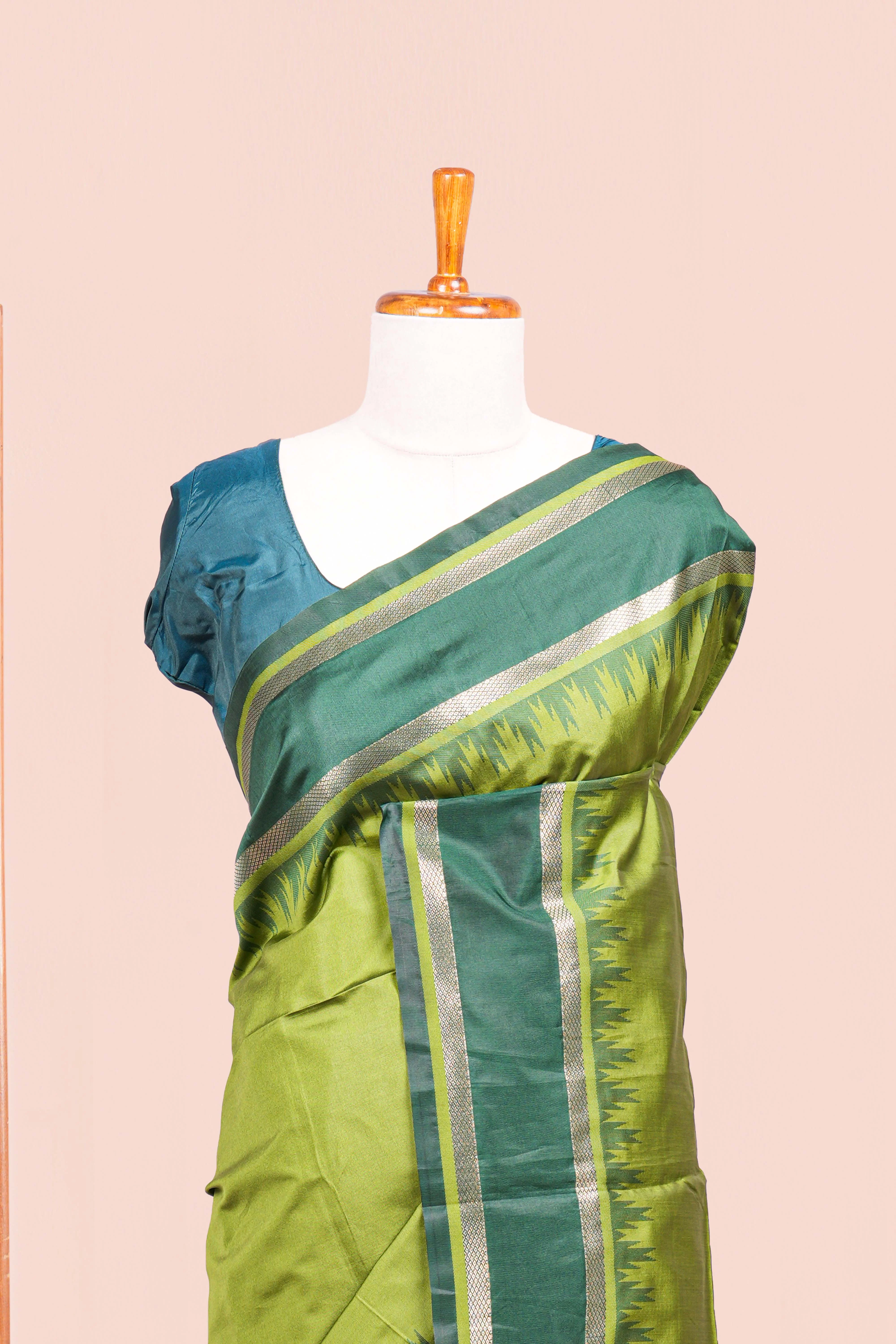 Green Retta Petta Art Silk Saree With Plain Body Retta Petta Border Contrast Intricate Gold Zari Stripes Pallu - Image 3