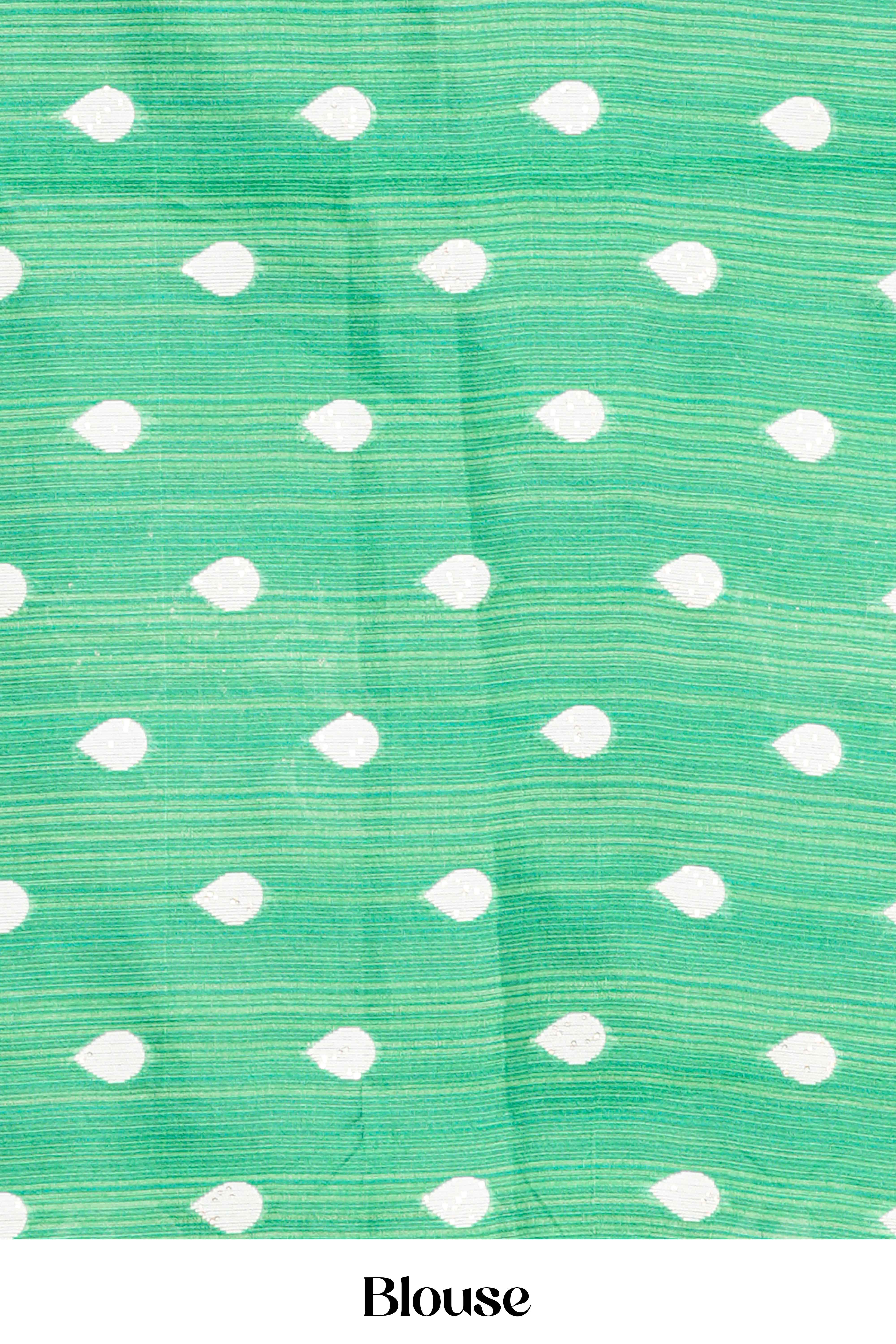 Green Semi Tussar Saree Floral Motifs Woven Across The Body Along With Blouse - Image 6