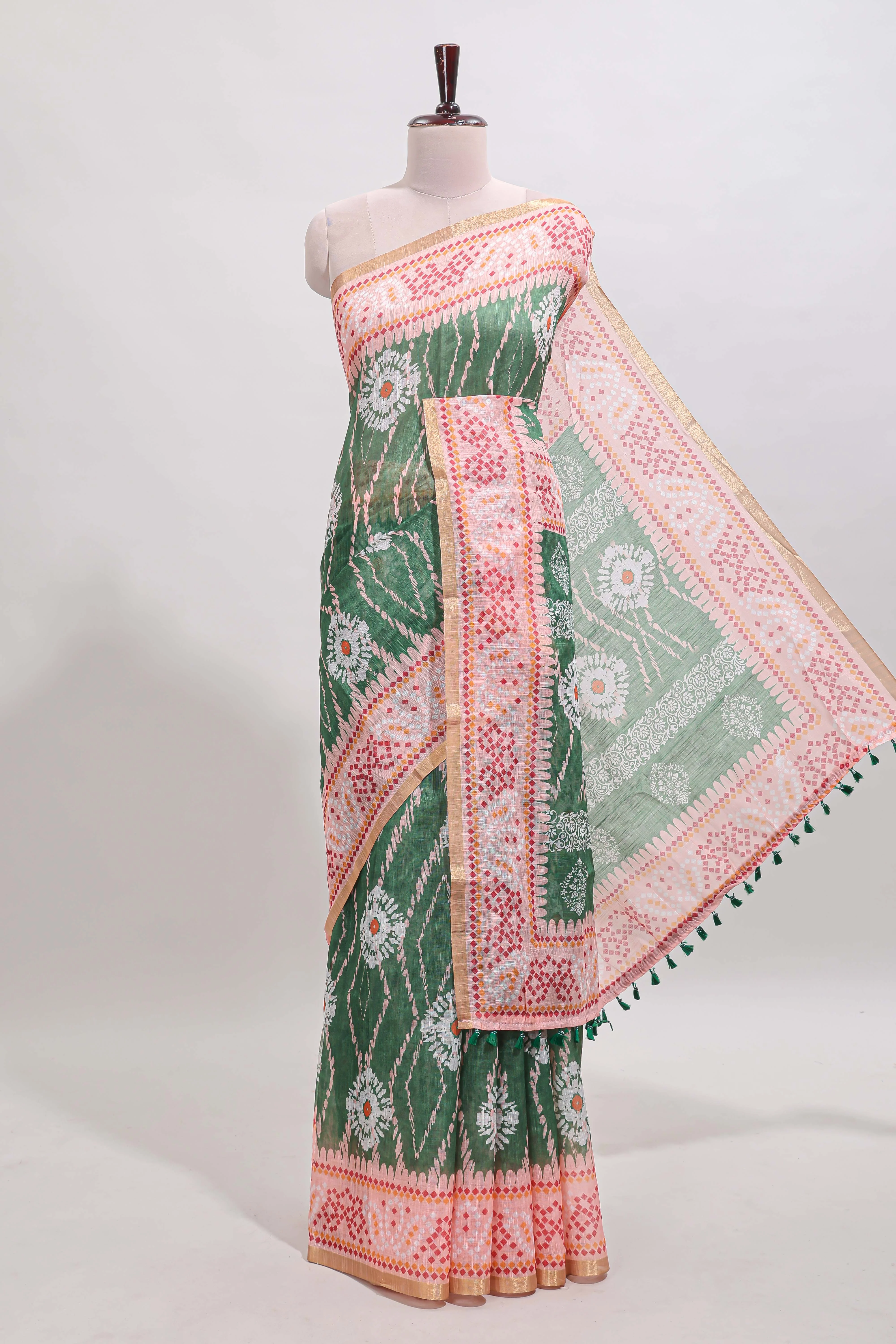 Green shibori print motifs linen cotton saree with contrast border and matching blouse