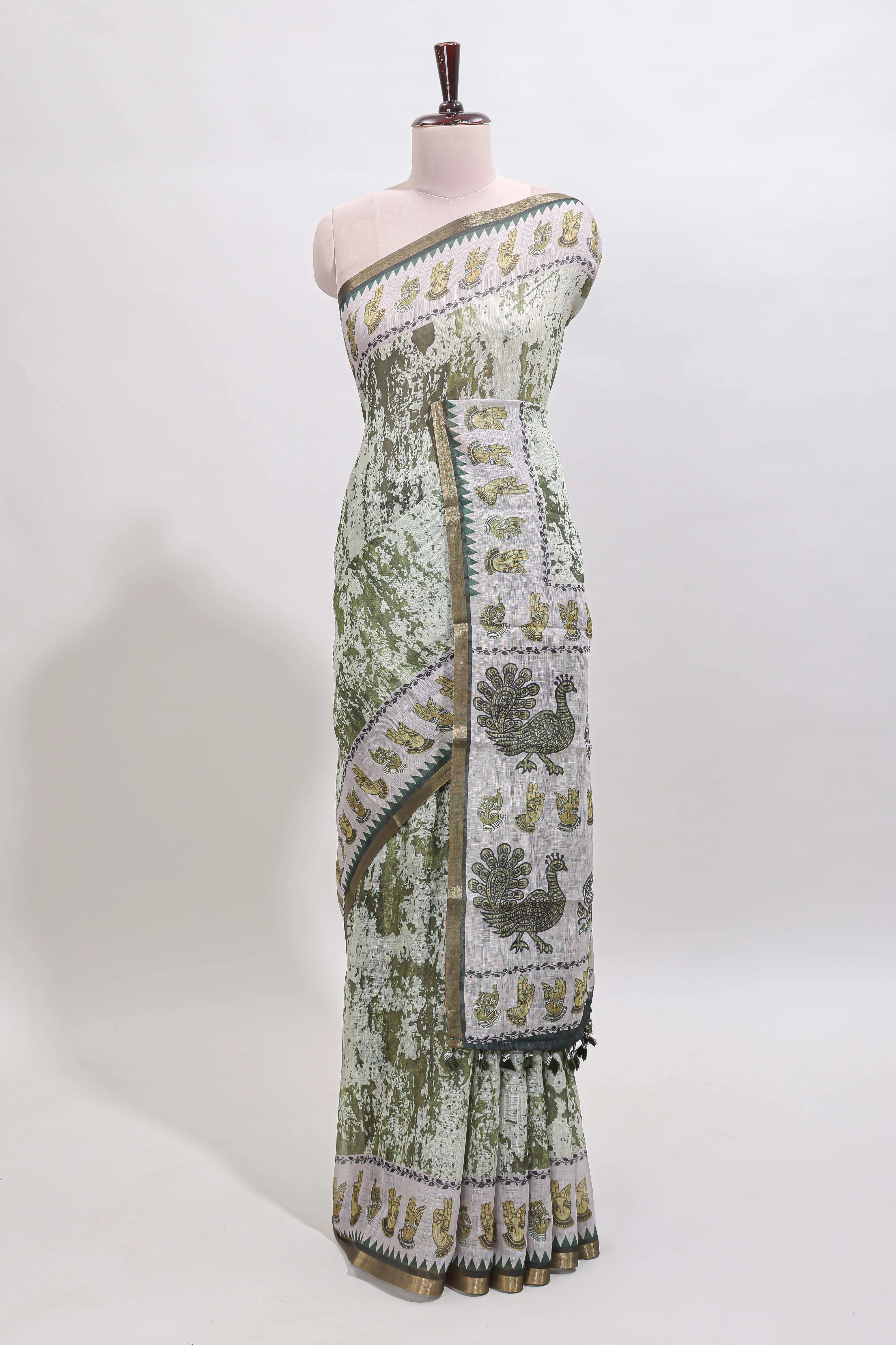 Green shibori style classical dance muthirai design linen cotton saree with contrast border and blouse - Image 2