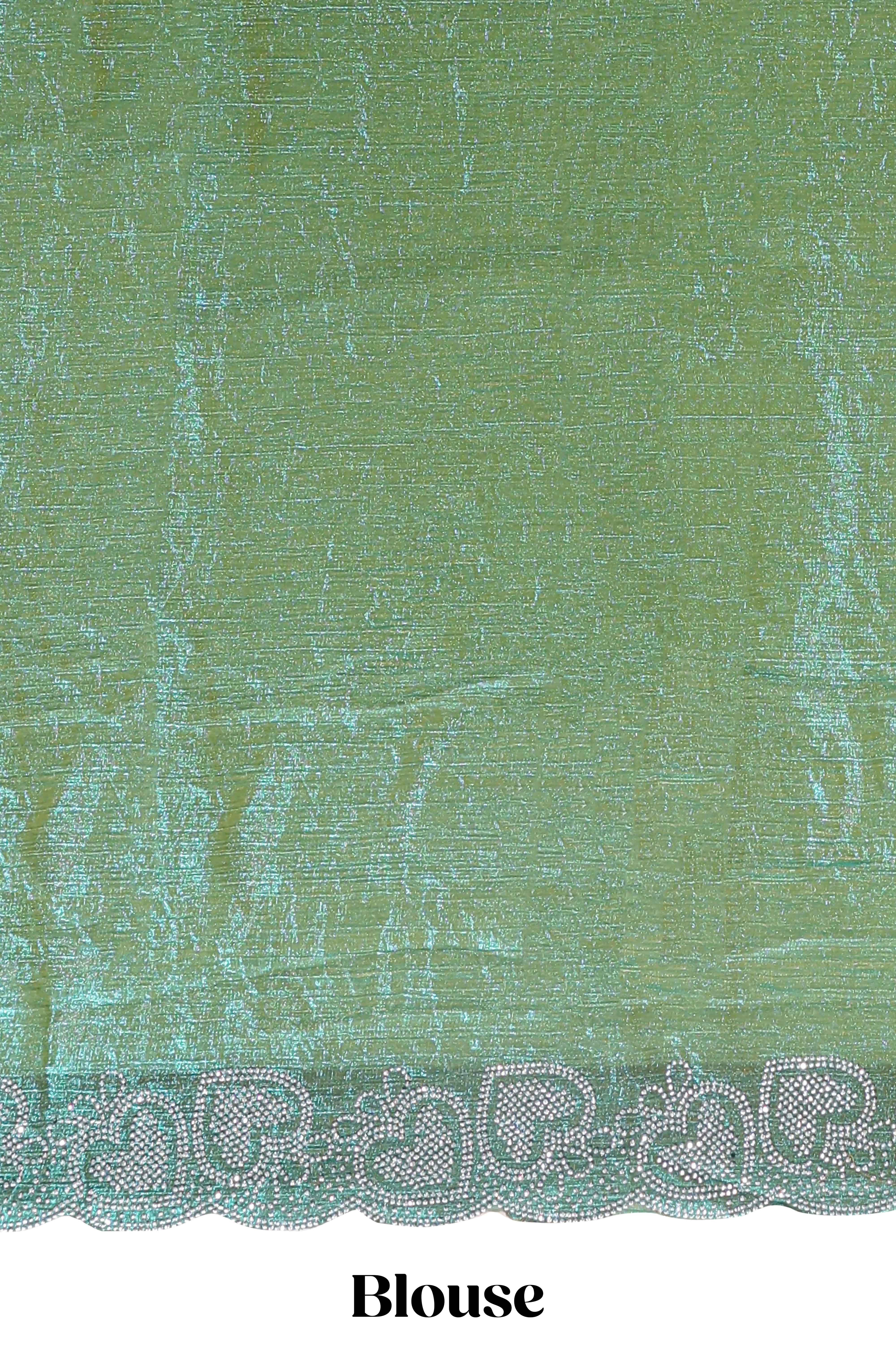 Green stone work designer saree with self heartin design scallop border and matching blouse - Image 5