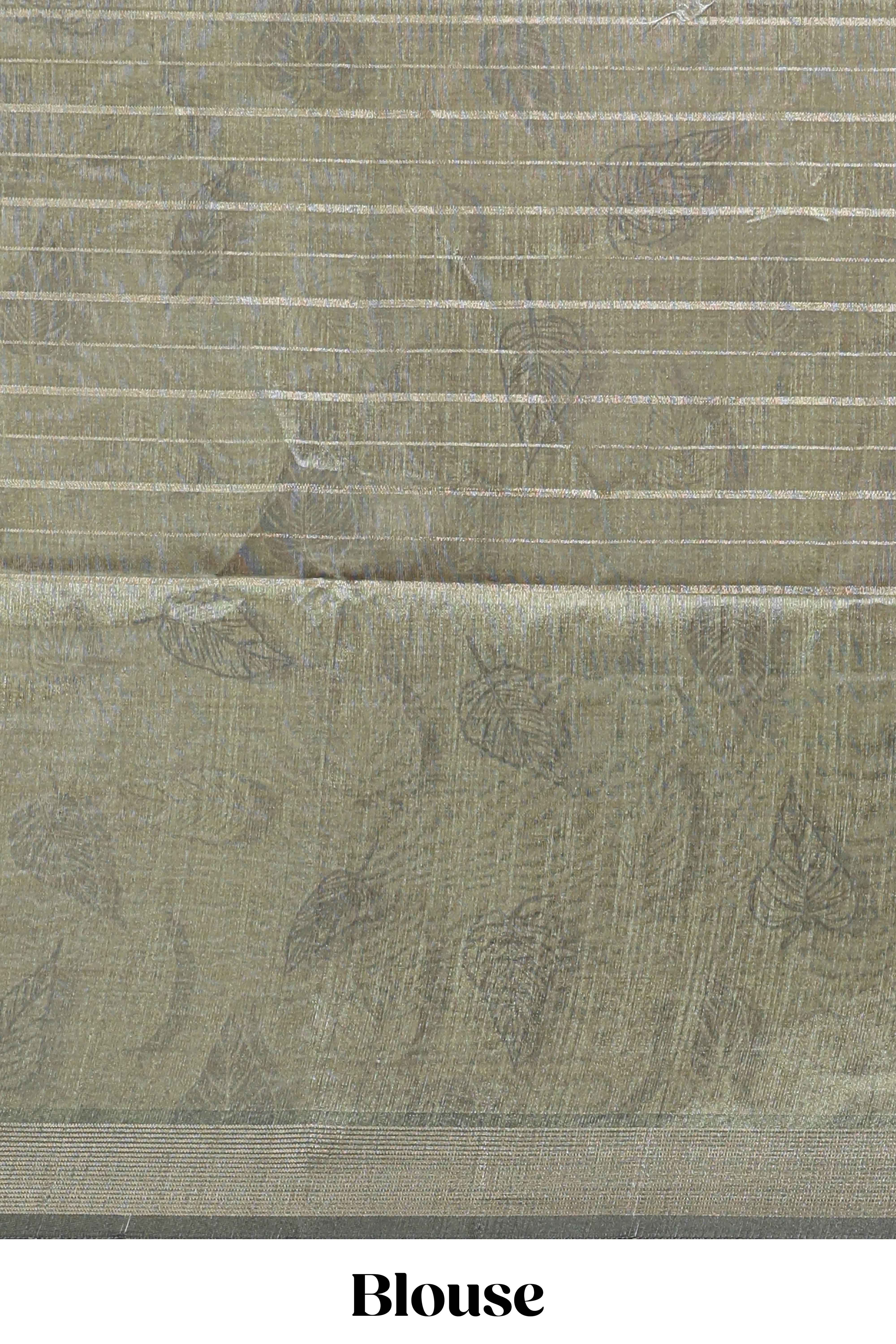 Green striped leaf design chanderi cotton saree with contrast floral & crane design border and blouse - Image 5